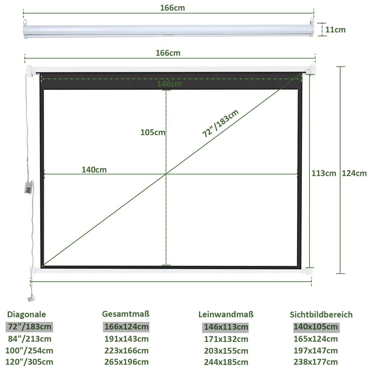 INMOZATA Beamer Leinwand Elektrisch 72 Zoll/ 166x124cm 4:3 Motorleinwand | Elektrische Leinwand Deckenmontage & Wandmontage, Projektor Leinwand Beamer mit Fernbedienung für Heimkino Büro, Weiß