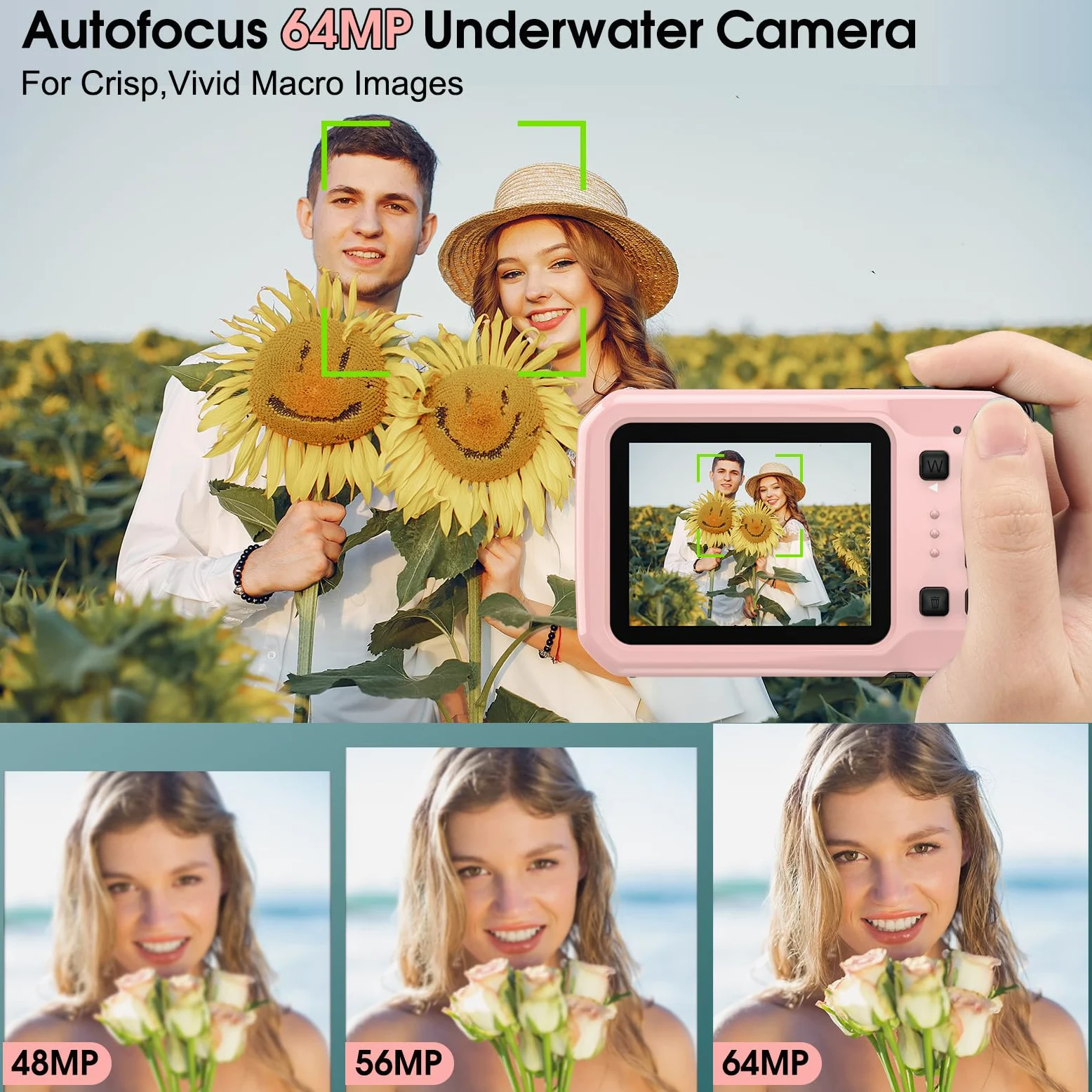 Unterwasserkamera, Yixinxin Digitalkamera wasserdichte 4K 64MP 16FT Autofokus wasserdichte Kamera zum Schnorcheln, IPS HD Bildschirm 16X Digitalzoom und 16GB Karte