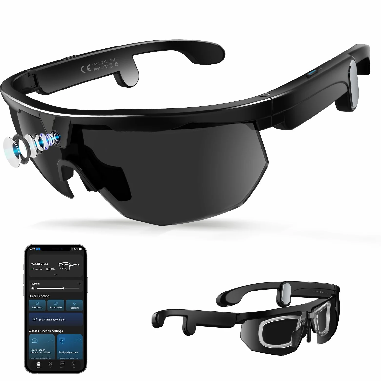 2026 Smart Glasses mit Kamera, 8MP Kamera Brille mit Offene Lautsprecher, Blendschutzgläser, Unterstützt Foto & Video, KI Sportbrille für Outdoor-Sportarten wie Radfahren, Reisen, Wandern(Schwarz)