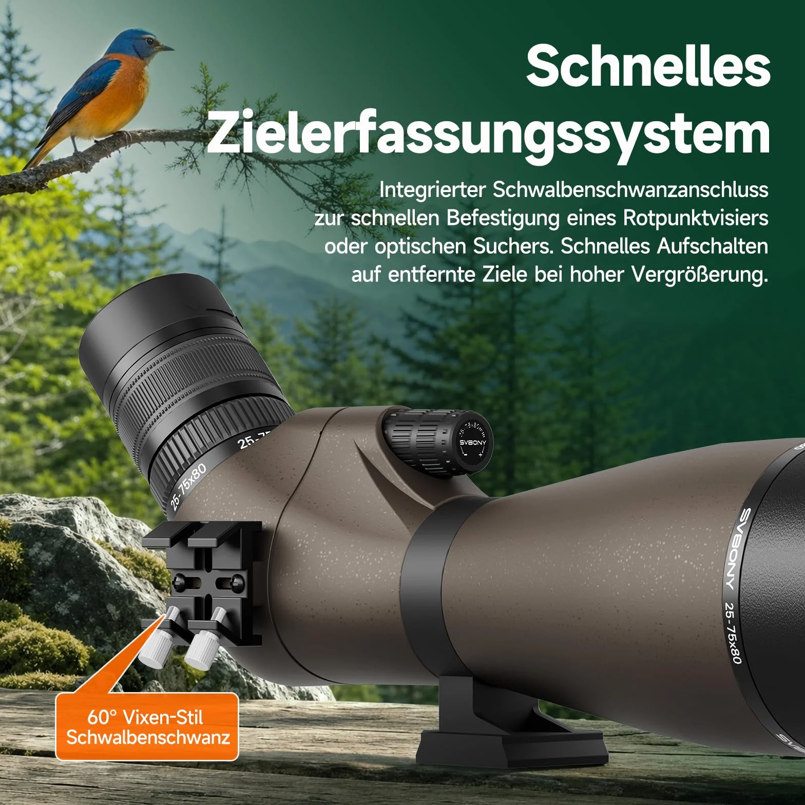 Svbony SV29 25-75x80mm Spektiv mit Schwalbenschwanz und Stativ, Großem Sehfeld, Porroprisma FMC, Smartphone-Adapter für Zielschießen, Vogelbeobachtung und Tägliche Beobachtung