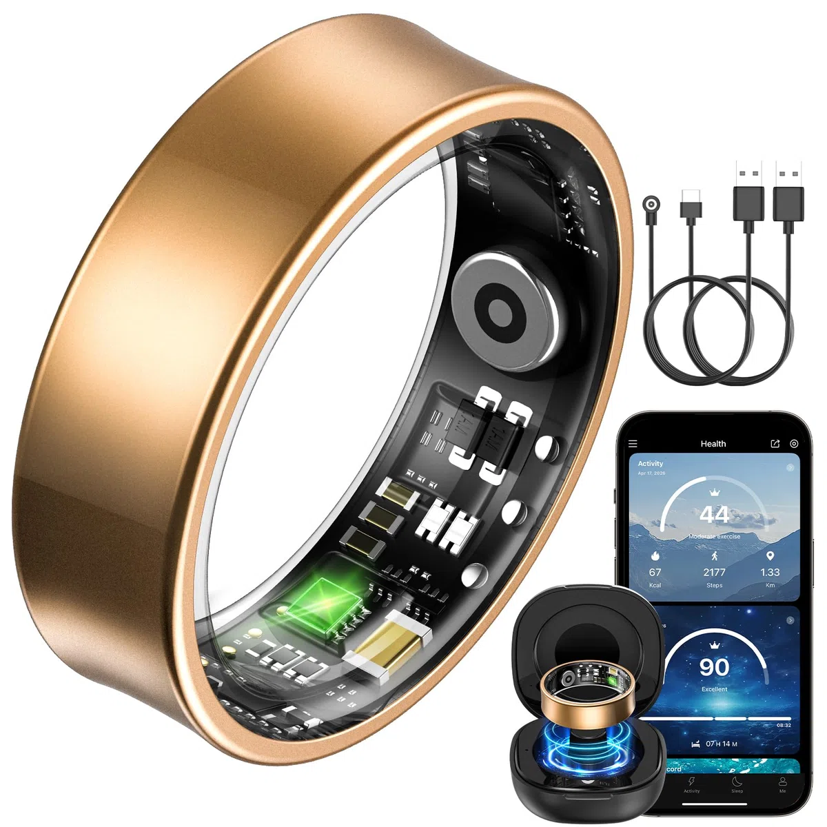 Smart Ring für Herren Damen, Fitness Ring mit 24/7 Herzfrequenz HRV SpO2 Schlaf Temp, 176 Sportmodi, IP68 Wasserdicht, APP kein ABO, für Android iOS (Gold, 57.5mm)