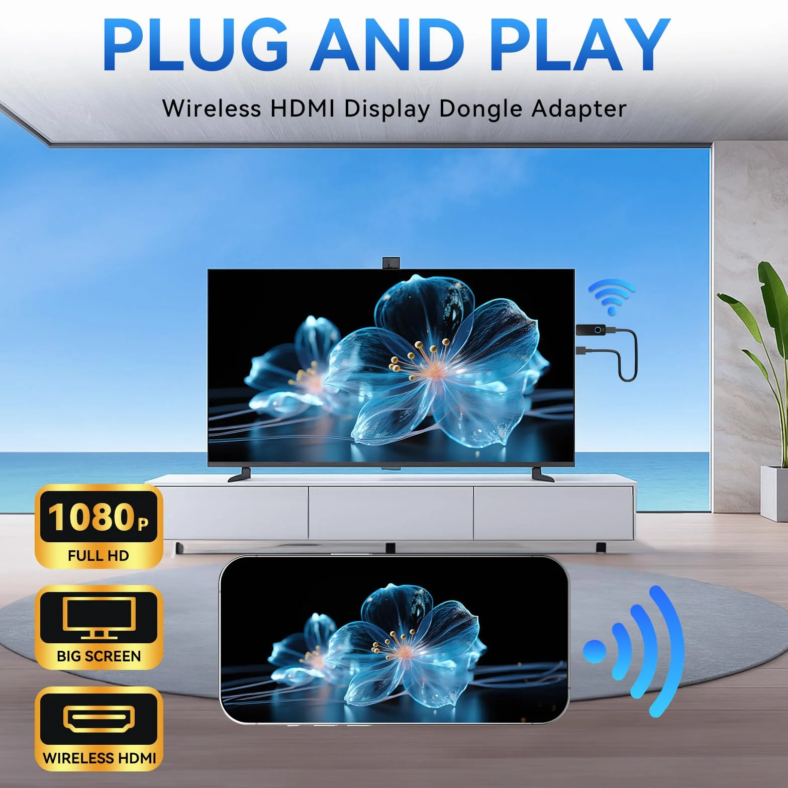 Wireless HDMI Display Dongle Adapter,Miracast Adapter Dongle,HDMI Wireless Extender für Media/Video/Audio- und Datei-Streaming vom Laptop, PC oder Smartphone auf HDTV oder Projektor (W3401)
