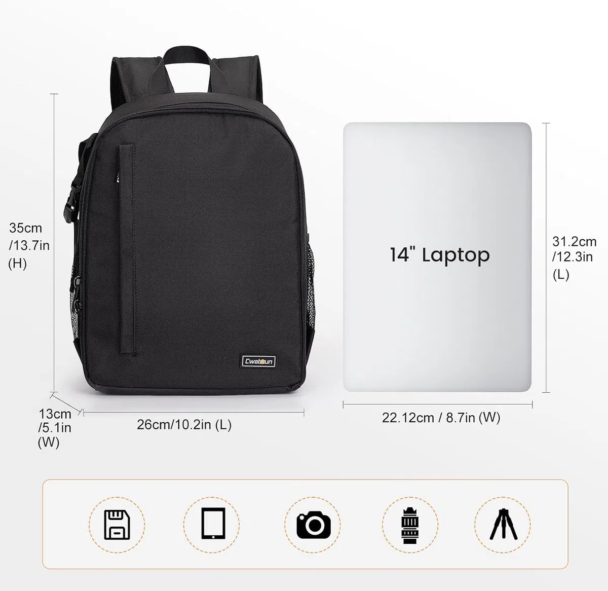 Cwatcun Kamerarucksack Wasserbeständig Fotorucksack Professioneller Kameratasche für spiegellose SLR DSLR, kompatibel für Sony Canon Nikon Kamera und Objektivstativ Zubehör (2.0 klein, Schwarz)