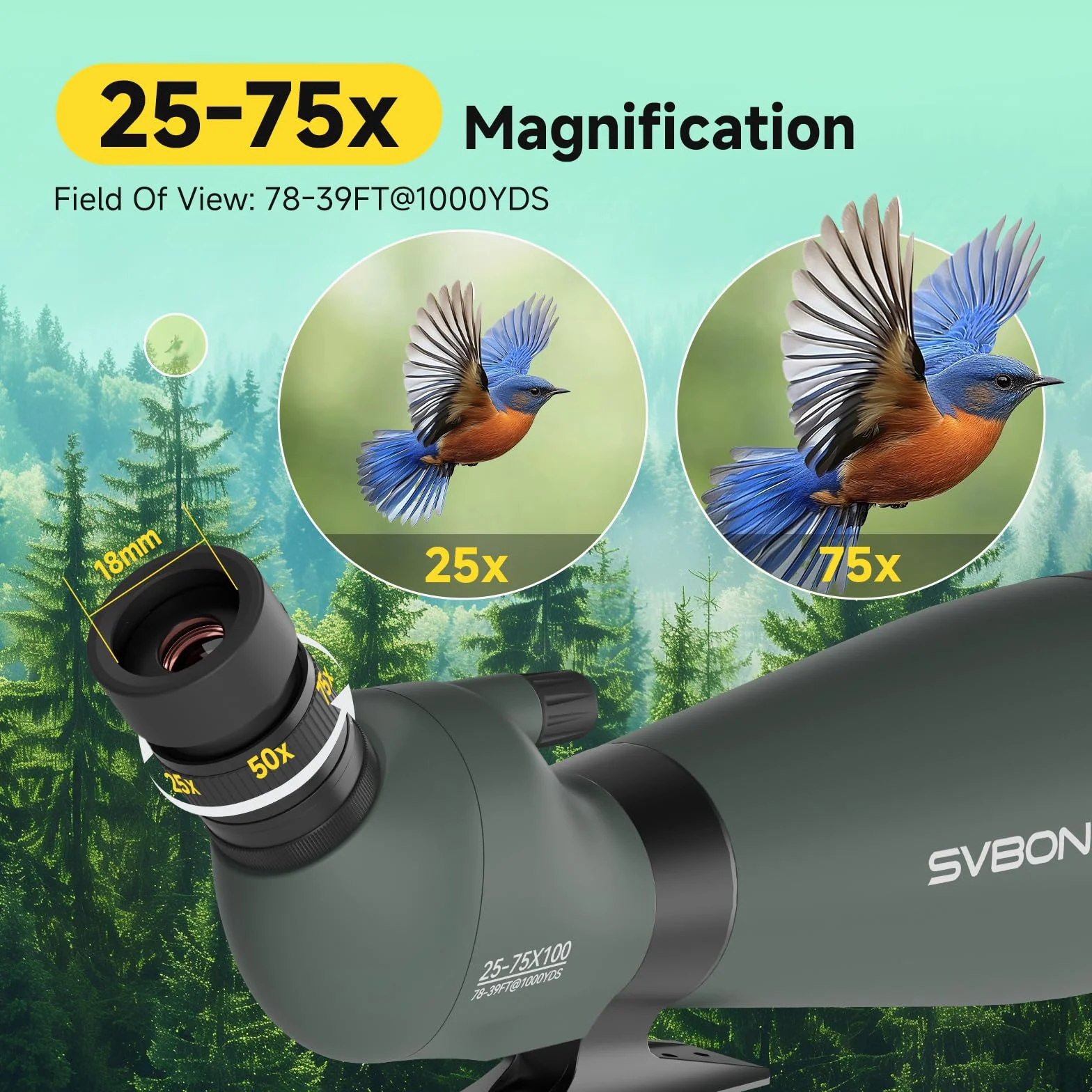 Svbony SV28 25-75x100mm Spektiv mit Stativ, Großes Sichtfeld, Helle und Klare Bilder, HD BAK4 Porro Prisma FMC, Spektive für Spektive für Sportschützen Vogelbeobachtung Wildtiere