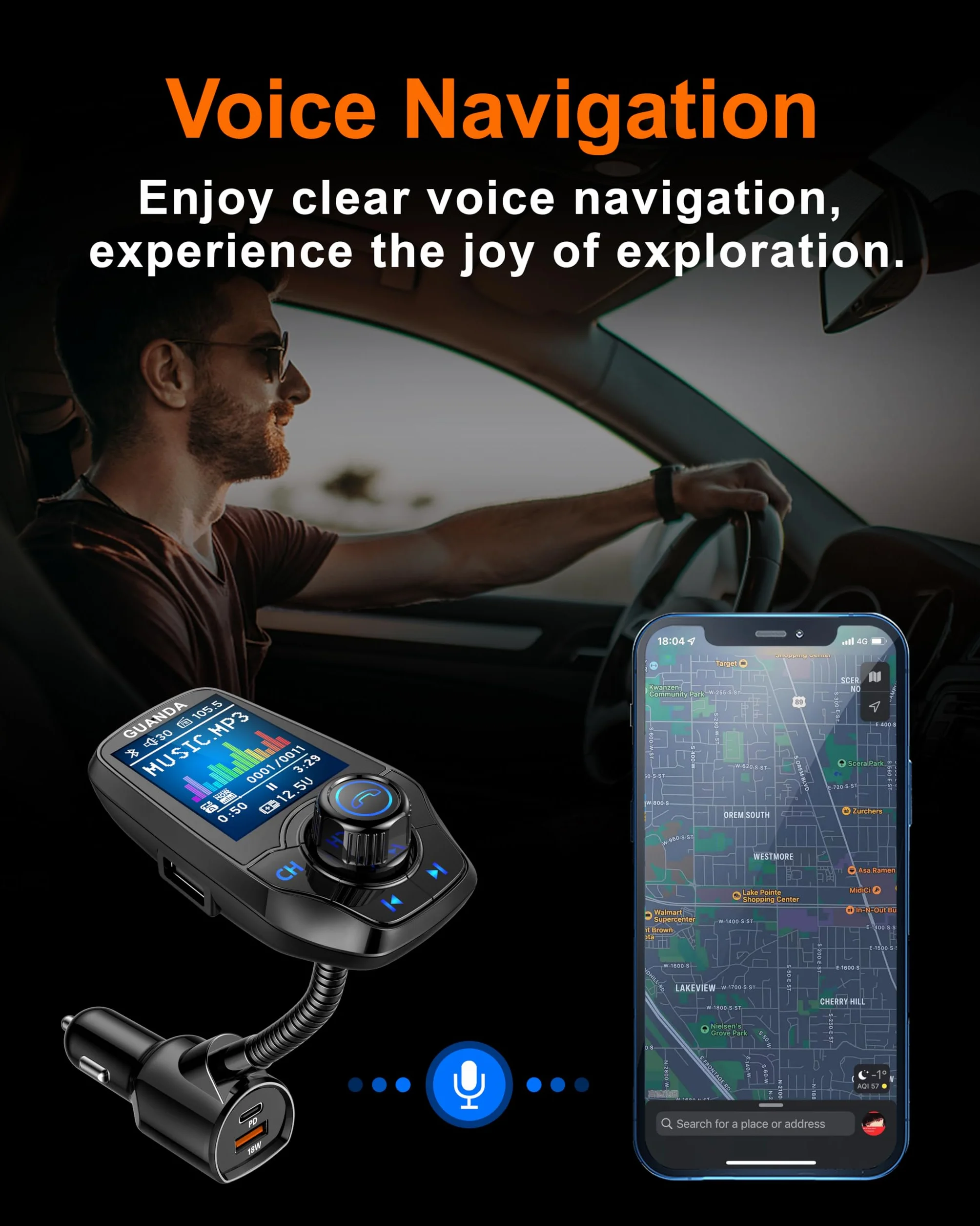 Bluetooth FM Transmitter Auto, Kabelloses Radio Auto Adapter mit 1,8'' Farbdisplay, Freisprechfunktion, AUX-Eingang/Ausgang, SD/TF-Karte, 3 Port USB PD 20W Ladegerät, 5 EQ Modi, 4-in-1 Car MP3 Player