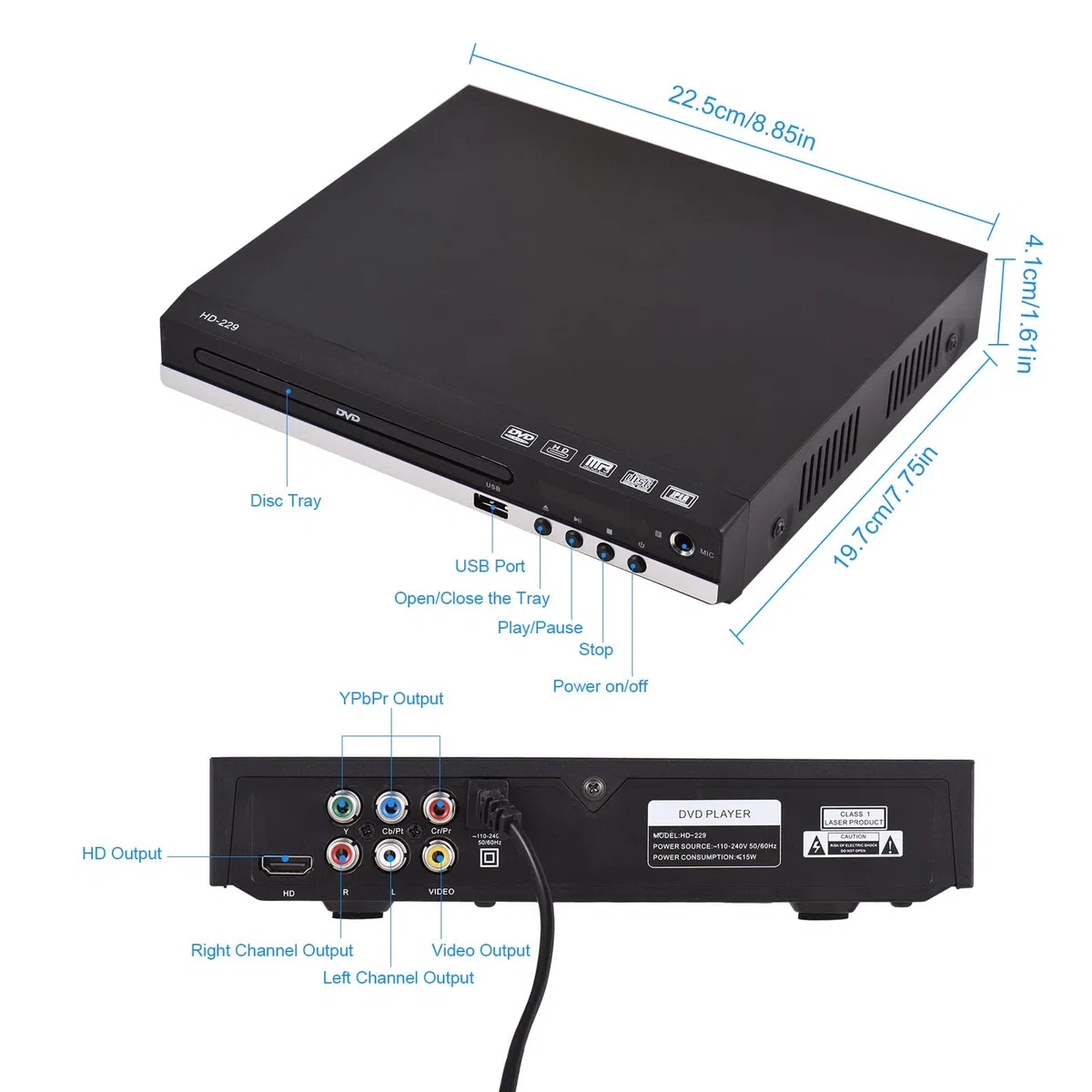 Matybobe HD-229 Heim-DVD-Player, DVD-CD-Disc-Player, digitale Multi-U-Disk-Wiedergabe, HD-AV-Ausgang mit Fernbedienung