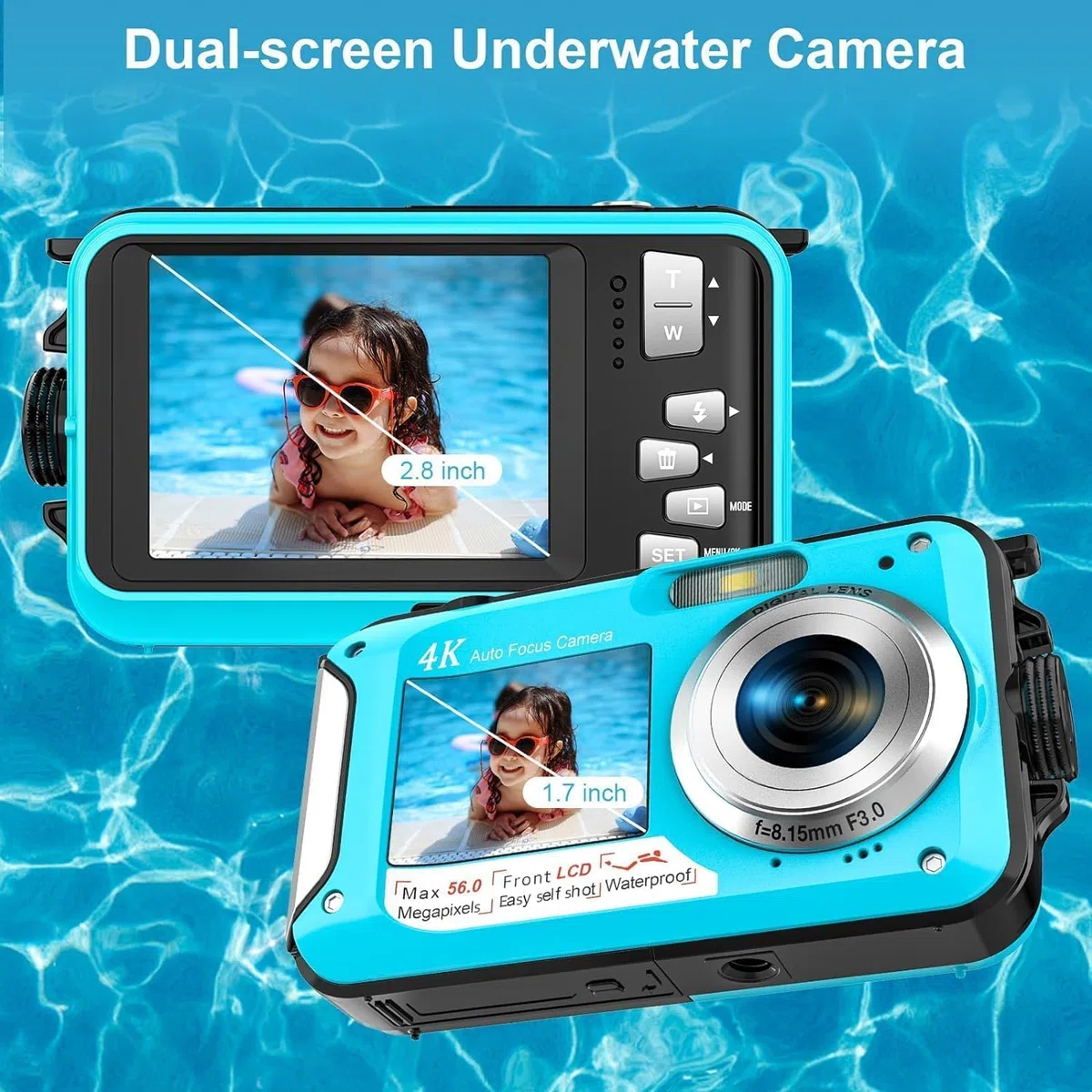 Unterwasserkamera, YISENCE UHD 4K 56MP Autofocus Digitalkamera wasserdichte mit Einer 32GB Karte Selfie Doppelte Bildschirme wasserdichte Kamera zum Schnorcheln