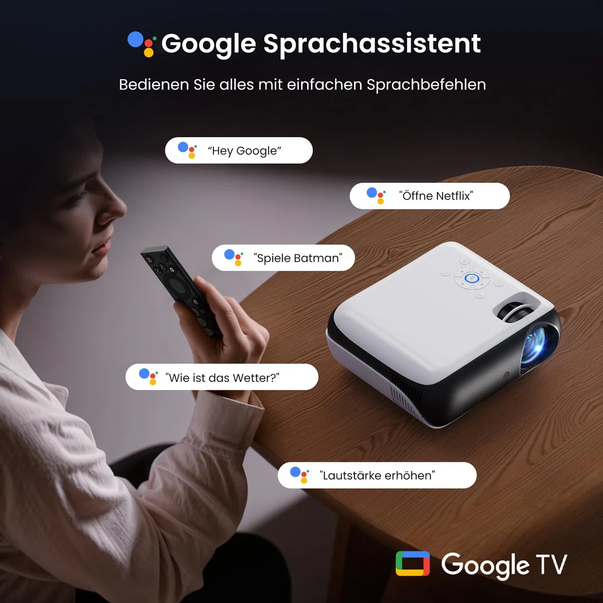 Google TV Smart Beamer 4k HAPPRUN 25000L Full HD Heimkino Dolby Audio Wi-Fi Bluetooth 300" Projektor