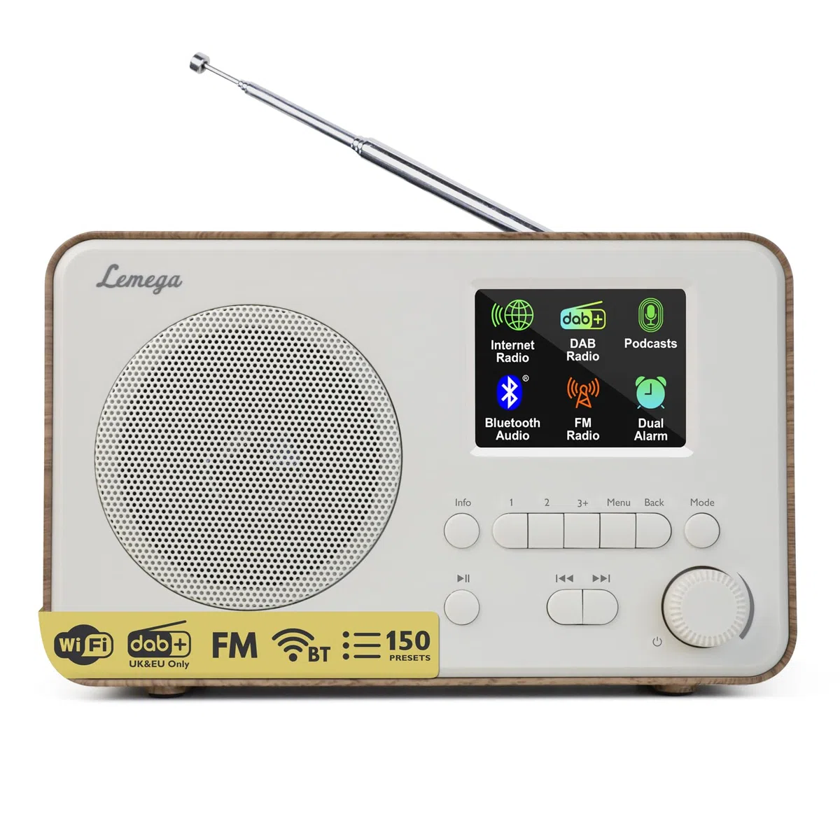 LEMEGA IR1S Internetradio mit Podcast-Funktion & Bluetooth – DAB/DAB+, FM Radio, 150 Senderspeicher, Radiowecker, Kompaktes Küchenradio mit Farbdisplay, Netz- oder Batteriebetrieb, Walnuss