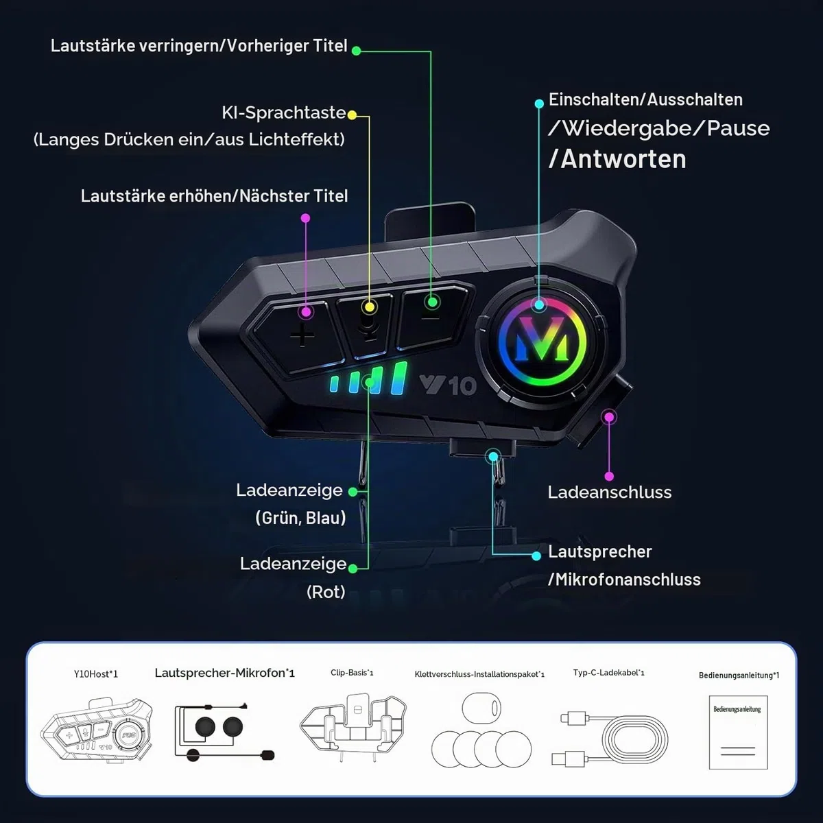 Motorradhelm Bluetooth Motorrad Helm Headset Motorcycle Helmet Bluetooth Headset Wireless DSP&CVC Geräuschunterdrückung High Sound Quality System Motorradfahren/Skifahren/Radfahren 1000mAh Y10
