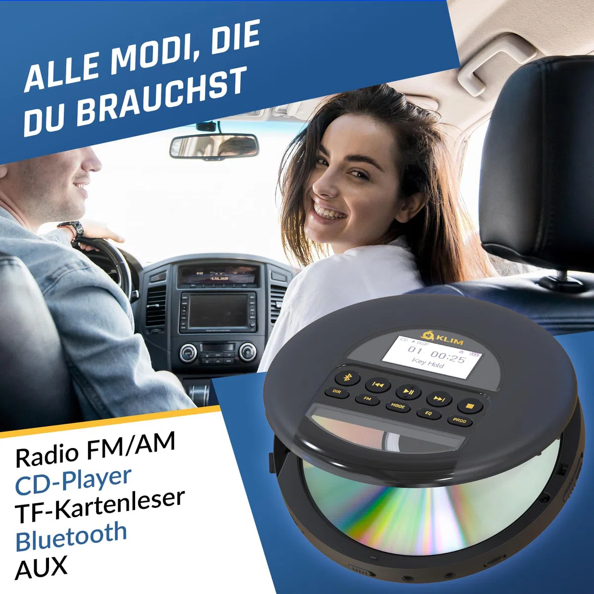 KLIM Nomad CD Player Bluetooth - Tragbarer CD-Player Discman mit langlebigem Akku - Inklusive Kopfhörer - CD-R, CD-RW, MP3 - Mit TF-Reader, Radio FM - Ideal für Autos - Portable Diskman