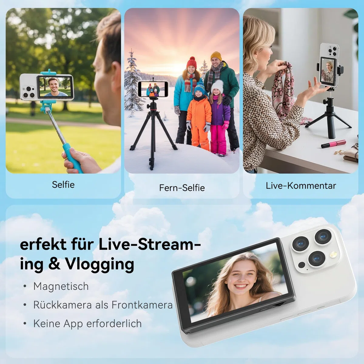 Selfie Monitor Smartphone Rückkamera magnetischer Vlog-Bildschirm für iPhone und Android geeignet für TikTok Live Broadcast Smartphone Vlog Selfie-Monitor-Bildschirm