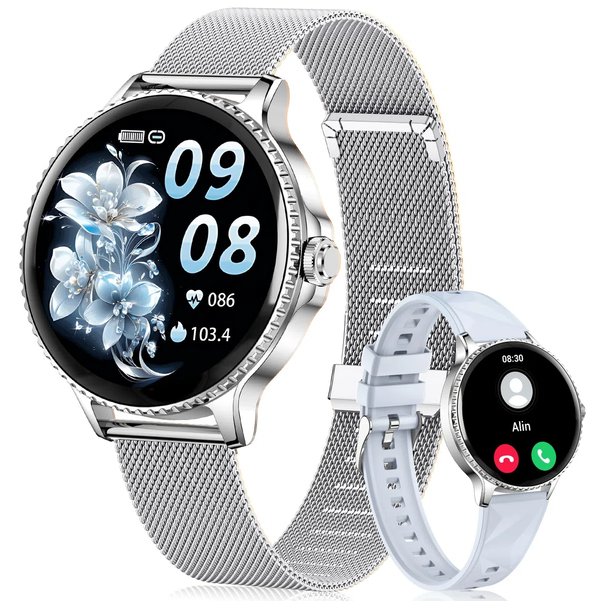 CIVO Smartwatch Damen Rund Silber 41mm: Fitness Tracker Demenuhr Schrittzähler Wasserdicht - Bluetooth-Anrufe Smart Watch für iOS Android Blau