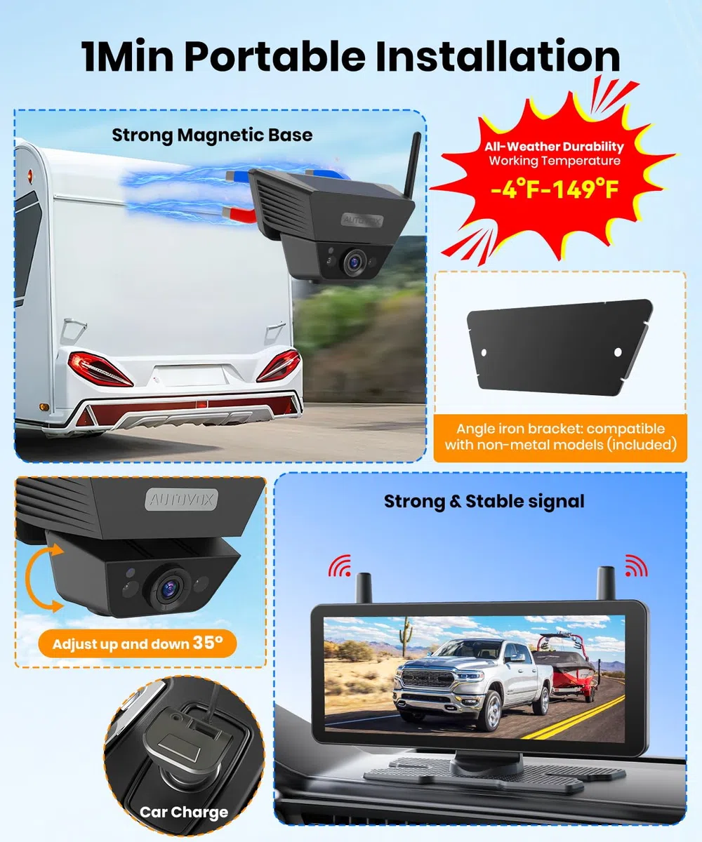 AUTO-VOX Solar Rückfahrkamera Kabellos 7,2" 1080P Display für LKW Anhänger Van Wohnmobile