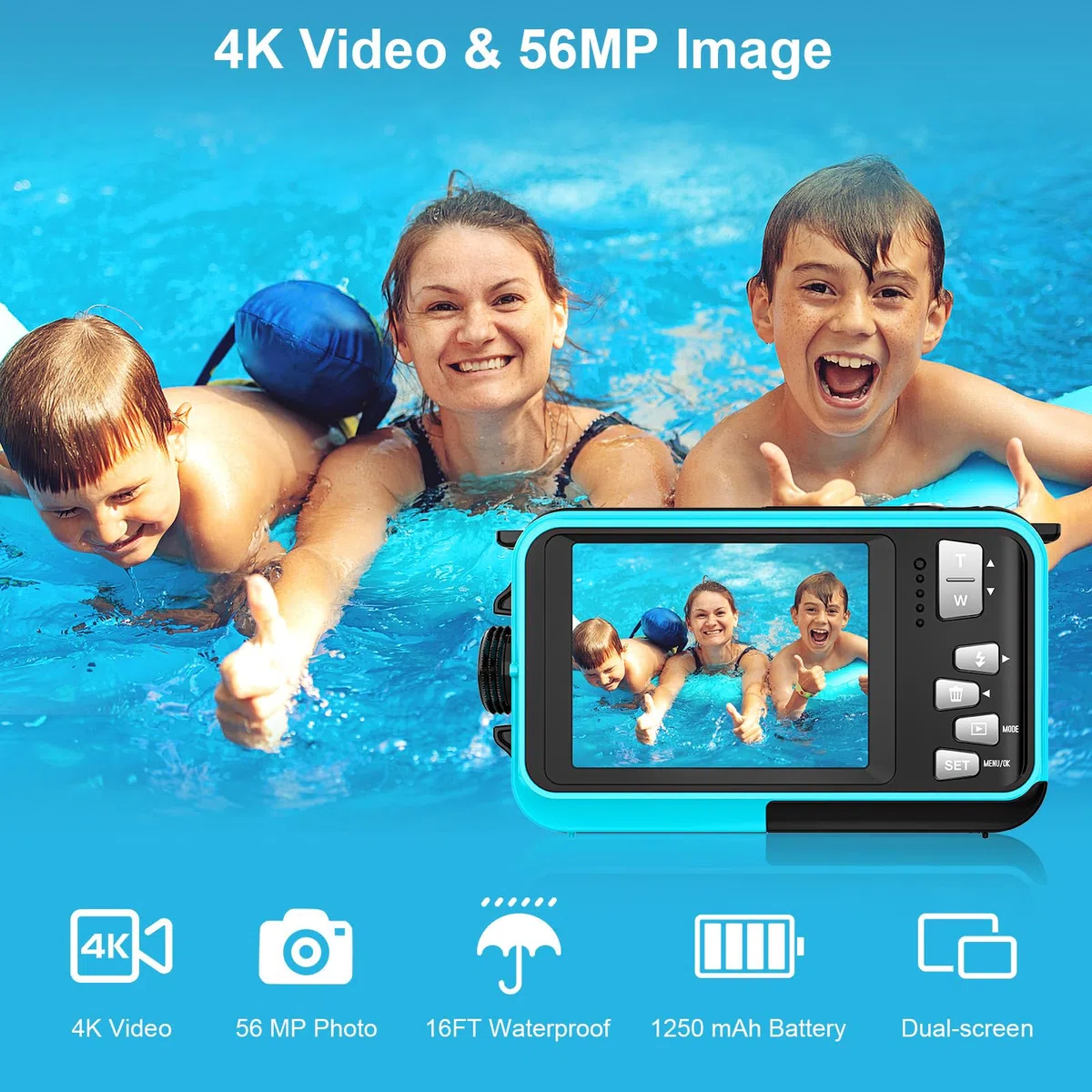 Unterwasserkamera, YISENCE UHD 4K 56MP Autofocus Digitalkamera wasserdichte mit Einer 32GB Karte Selfie Doppelte Bildschirme wasserdichte Kamera zum Schnorcheln