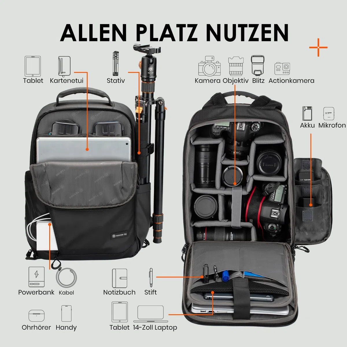 TARION Kamerarucksack Wasserdicht Fotorucksack SLR Kameratasche Kamera Rucksack mit 14 Zoll Laptopfach und Regenschutz für Spiegelreflexkameras-Schwarz