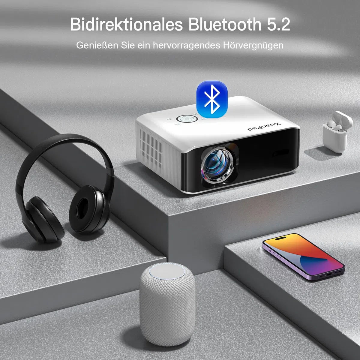 [Autofokus/Trapezkorrektu] Beamer 4K unterstützt, XuanPad Nativer 1080P 6G WiFi Bluetooth Beamer, 28000L Outdoor/Heimkino Video Projektor mit Stativ für iOS/Andriod/TV Stick