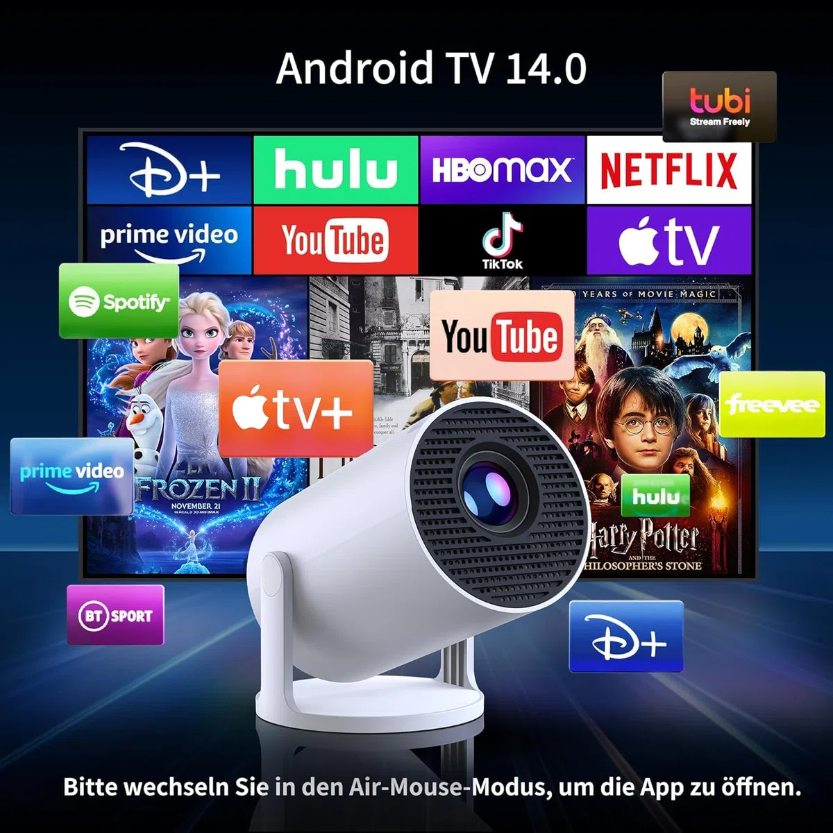 Yoton Mini Beamer 4K Full HD 1080P Android 14.0 Smart Projektor WiFi 6 Bluetooth 5.4 200ANSI 8000L Weiß