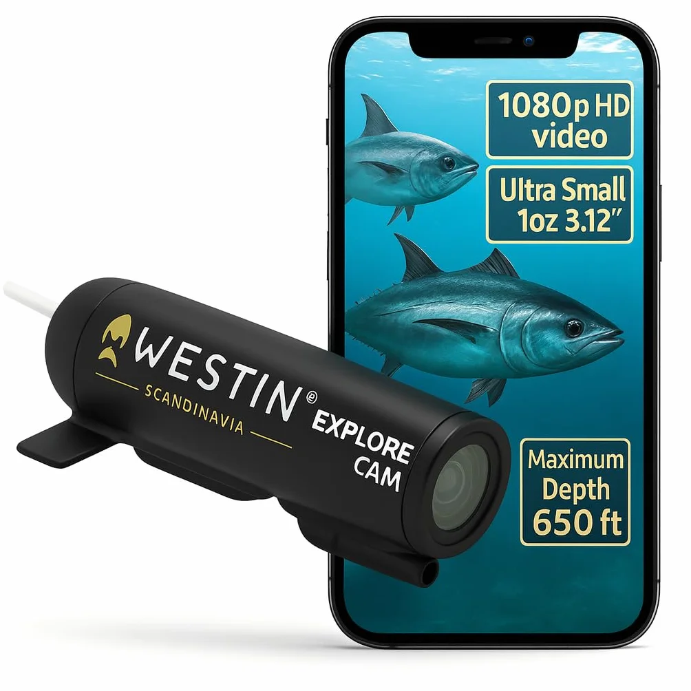 Westin Underwater Explore Camera 28g - Angelzubehör zum Karpfenangeln, Trail Kamera mit Full HD 1080p, wasserdicht 200m, lebendige Farben, 1h 25min Akku,