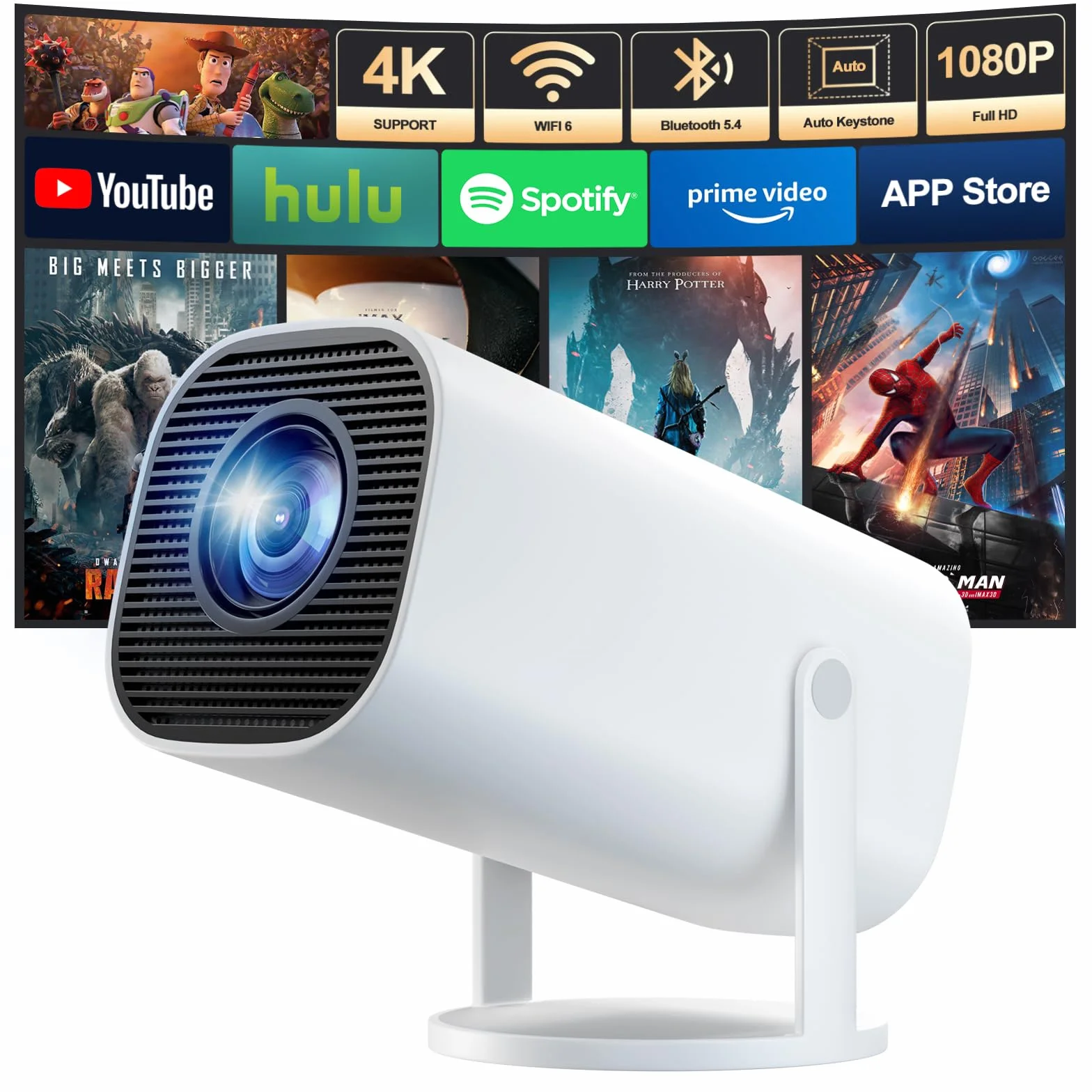 Mini Beamer 4K Unterstützt, Tragbarer Projektor mit WiFi 6 BT 5.4, Auto Keystone, 180° Dreh, weiß