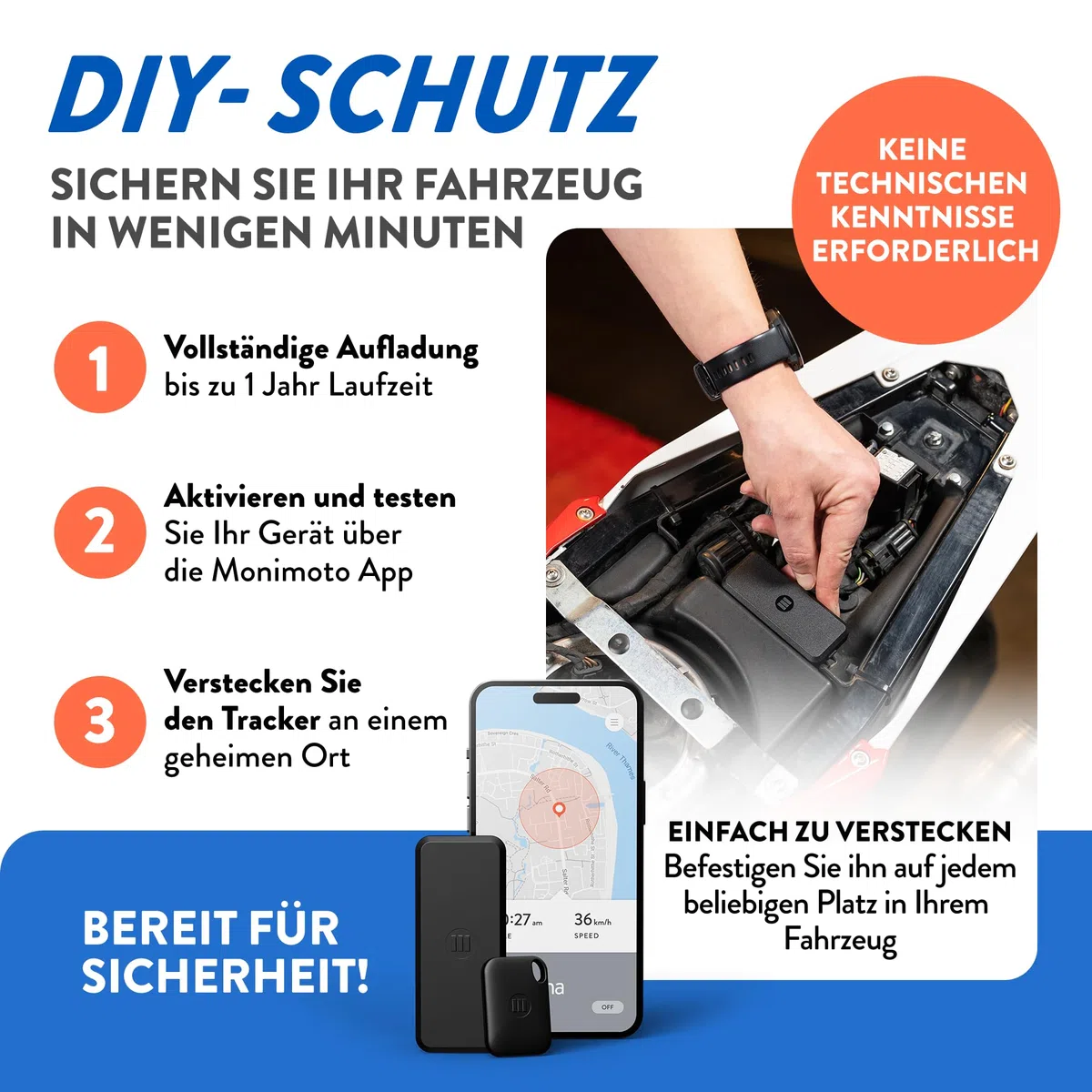 Monimoto 9 Anti-Diebstahl GPS und Alarm Tracker DIY-Installation, Keine Verkabelung, wasserdicht, globale Abdeckung - Smart GPS-Tracker für Motorräder, Autos, Fahrräder, ATVs, Boote, Wohnmobile