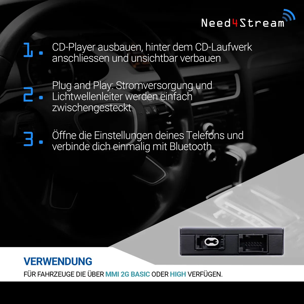 N4S73614 A2DP Bluetooth Audio Interface mit Titelanzeige für MMI 2G, kompatibel mit Audi A4 8K, A5 8T/8F, A6 4F, Q7 4L, A8 4E, kompatibel mit iPhone, Android und Streamingdiensten