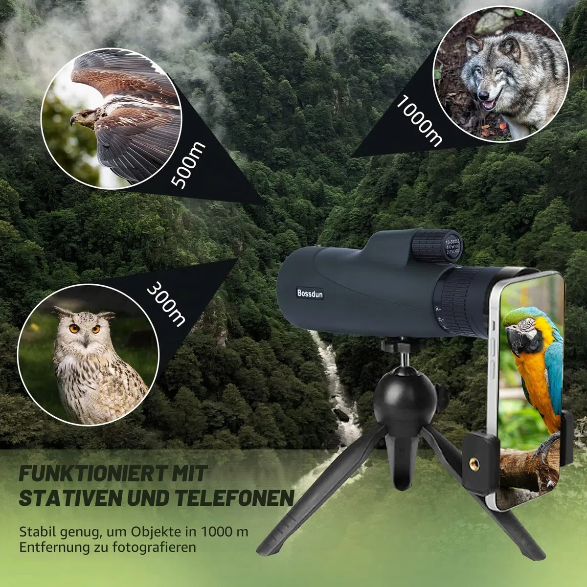10-30x50 Zoom-Monokular-Teleskop mit Stativ Tragetasche Handschlaufe Telefonadapter - BAK4 Prisma & FMC Objektiv - Wasserdicht für Reisen Vogelbeobachtung Wildtiere Camping Szenerie (Green)