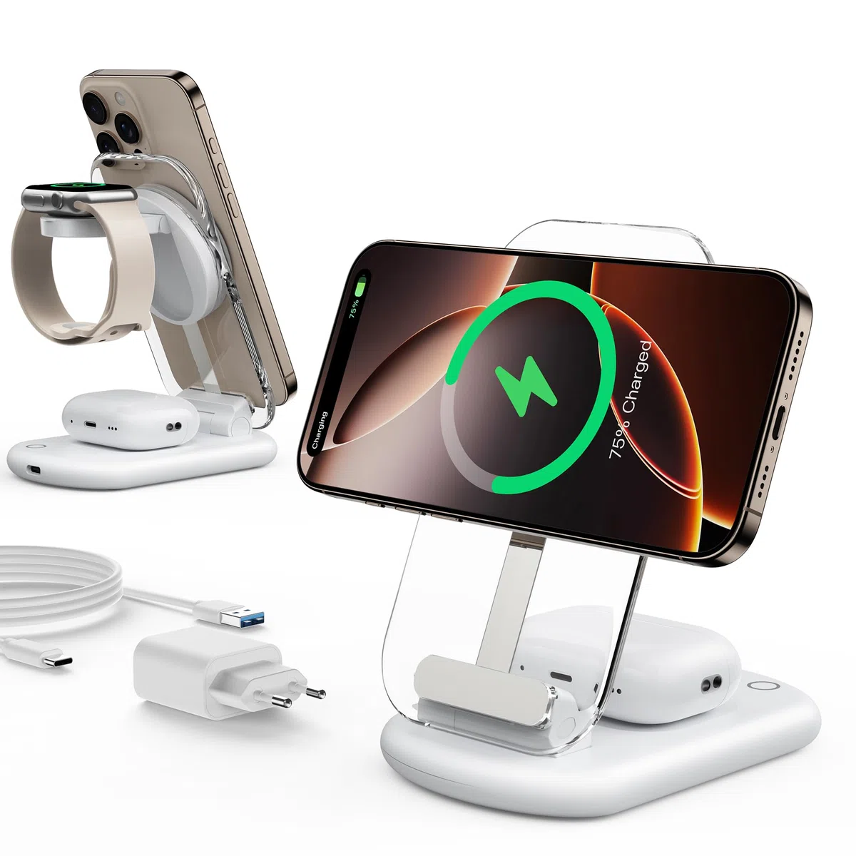 Mag Safe Ladegerät, Ladestation Apple Watch und iPhone, 3 in 1 Mag Safe Ladestation Kompatibel mit iPhone 17e 17 16 15 14 13 12 Pro Max/Air/Plus/Pro, für Apple Watch 10/9,Airpods 3/2/Pro,faltbar