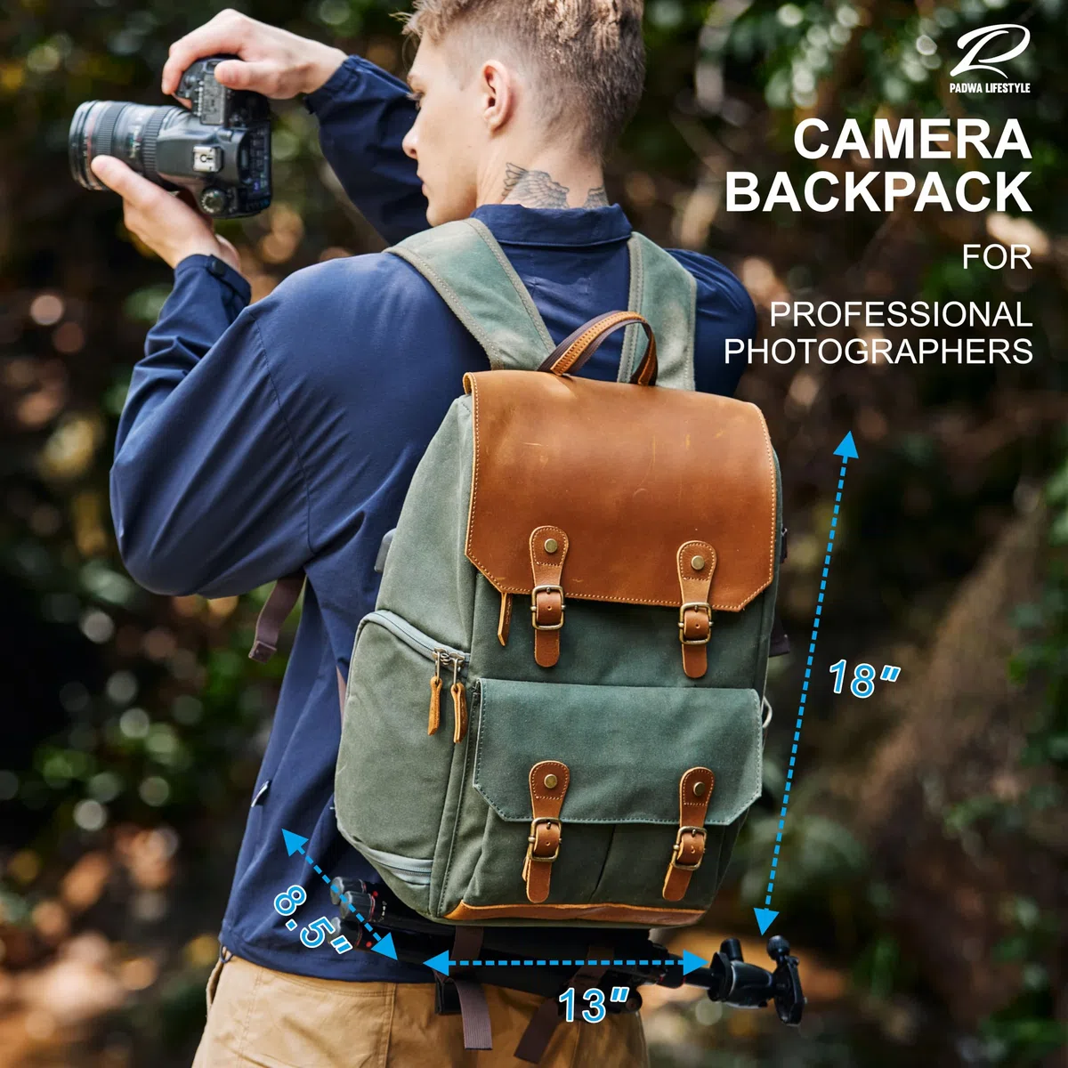 Padwa Lifestyle Grüner Kamerarucksack - wetterfeste Kameratasche aus gewachstem Memory Canvas mit 16“ Laptop-/Objektivfach und Stativfach, Mehrzweck-Kamerarucksack für professionelle Fotografen