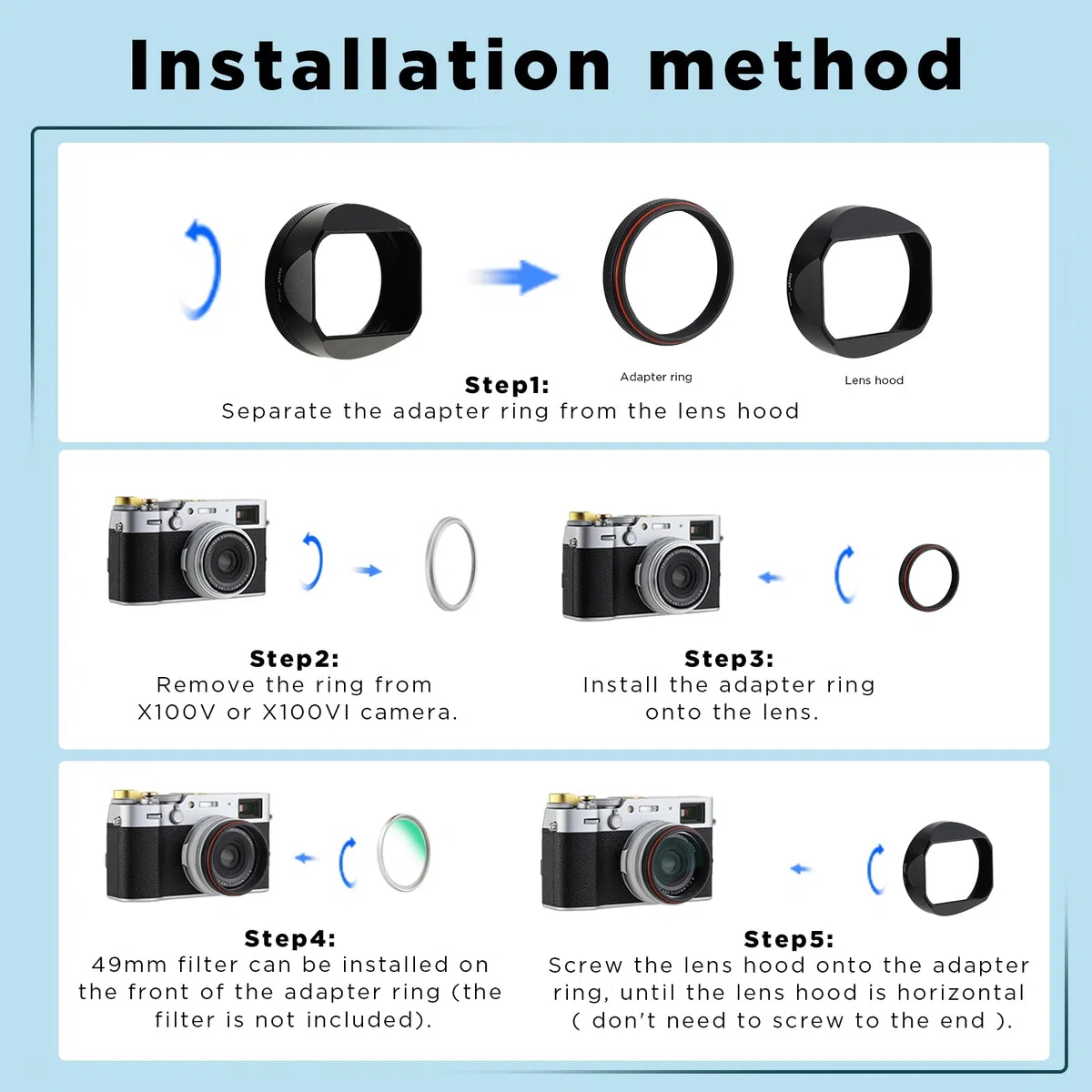 Haoge LH-X54B Metall Rechteckig Sonnenblende Gegenlichtblende mit 49mm Adapterring für Fujifilm X100VI Fuji FinePix X100V Kamera Objektiv Schwarz