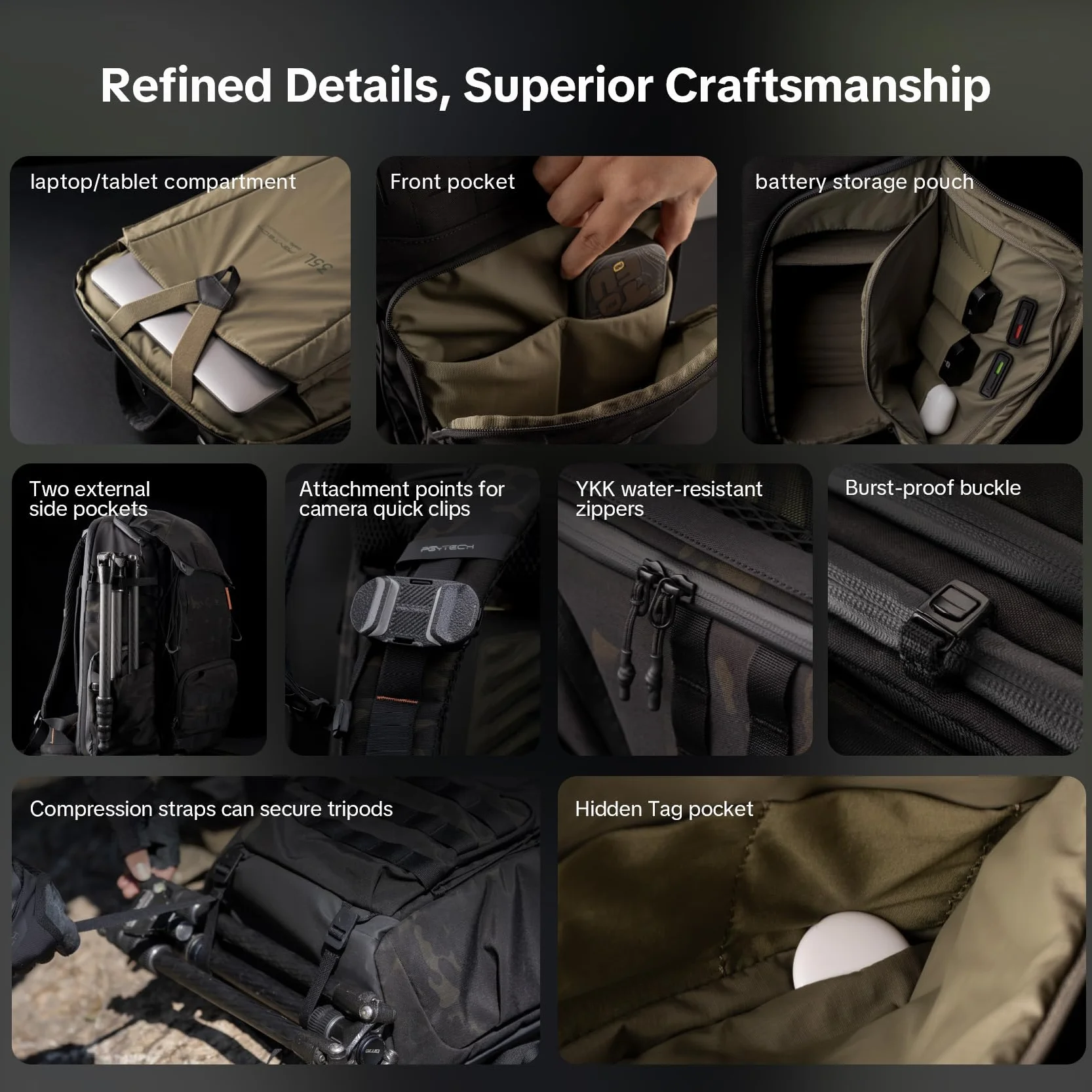PGYTECH OneMo TAC Kamerarucksack 35L Wasserdicht Taktisch Fotorucksack Kompatibel mit DSLR/SLR/Spiegelreflex Kameras, mit 15,6 zoll Laptop-Fach, Regenhülle, Stativhalter, Schwarz Camouflage