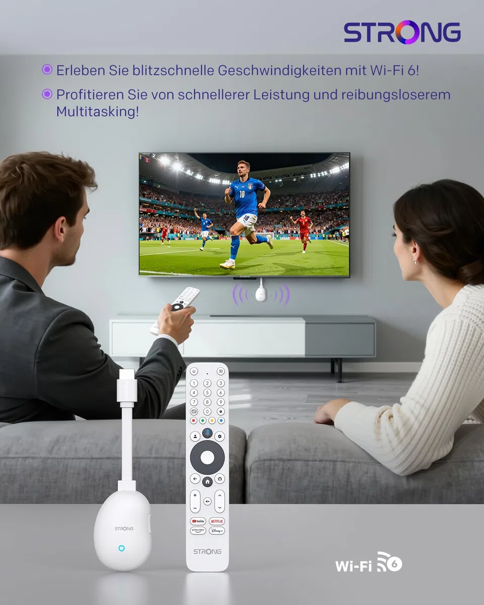 STRONG LEAP-Neve 4K UHD Google TV Streaming Stick Mit Integriertem Google Cast, 2GB RAM + 8GB Flash-Speicher, WLAN 6, Android 12, Ethernet-Anschluss, Dolby Vision & Dolby Audio - Weiß
