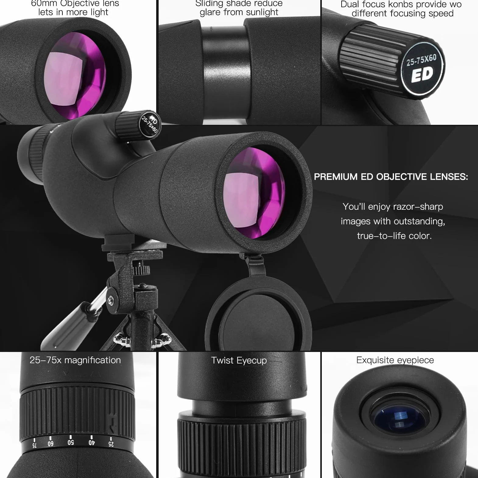 25-75X60 Spektive für Zielschießen, Jagd, Vogelbeobachtung, Wildtierbeobachtung. Low Light Vision Spektiv mit Metall-Stativ, Telefon-Adapter, Tragetasche, BAK4 Prisma, FMC-Objektiv, beschlagfrei (60B)