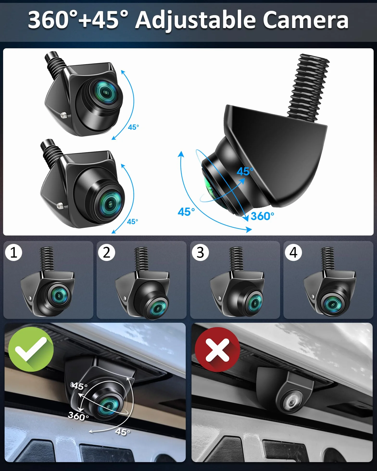 Vtopek Rückfahrkamera AHD 1080P 360° Drehbar 170° Weitwinkel Nachtsicht IP69 wasserdicht Universal NTSC für Wohnmobil SUV Pickup Van