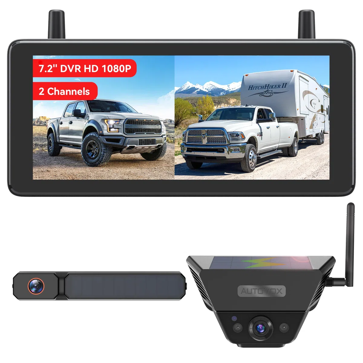 AUTO-VOX Solar Rückfahrkamera Kabellos 1080P HD Zwei-Kanal-Monitor IP69K Wasserdicht 7,2 Zoll für Wohnmobil Camper LKW Anhänger