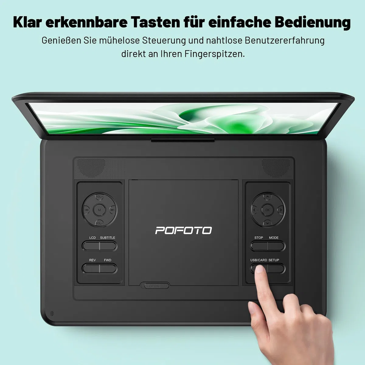 POFOTO 17,5'' Tragbarer DVD-Player mit 15,6'' Drehbarem HD-Display, 6h Akkulaufzeit, Unterstützt Mehrere Formate/SD/USB, TV/Projektor-Sync, Stoßfest & Speicherfunktion, Stereo-Lautsprecher (Schwarz)