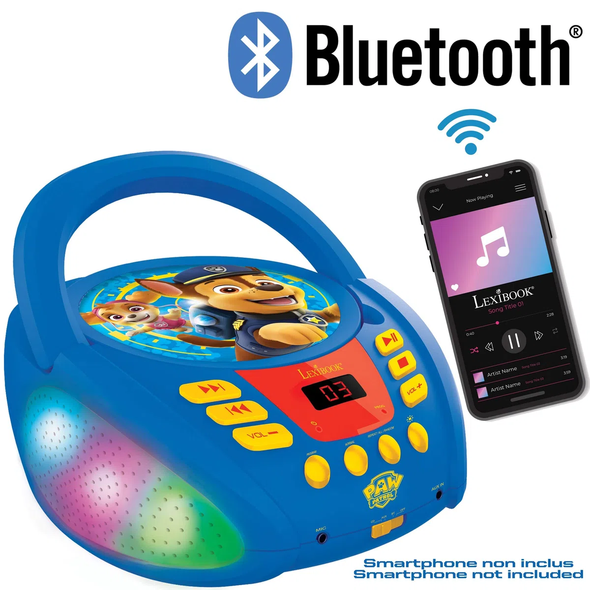 Lexibook, Paw Patrol, Bluetooth-CD-Player für Kinder, tragbar, mehrfarbige Lichteffekte, Mikrofonbuchse, Aux-in-Buchse, AC- oder batteriebetrieben, Mädchen, Jungen, Blau/Rot, RCD109PA