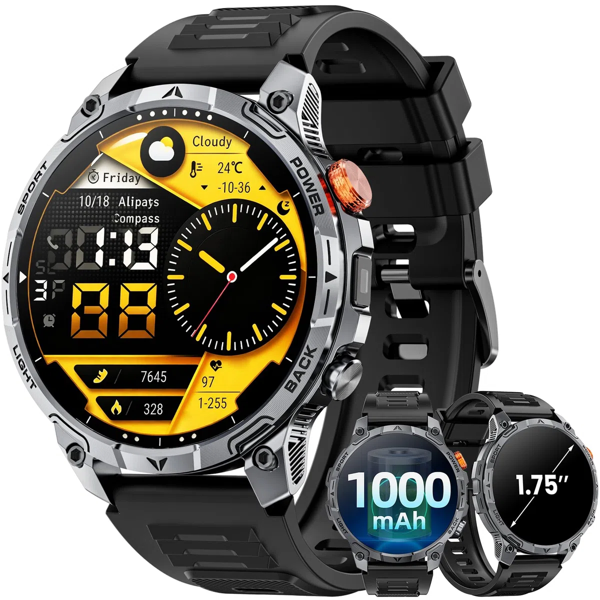 Militär Smartwatch Herren, mit1000-mAh-Akku/1,75" HD Großes Display Sportuhr/110+ Sportmodi Fitnessuhr/LED Taschenlampen/24/7Herzfrequenz/Schlafmonitor/IP68 Wasserdicht für iOS Android