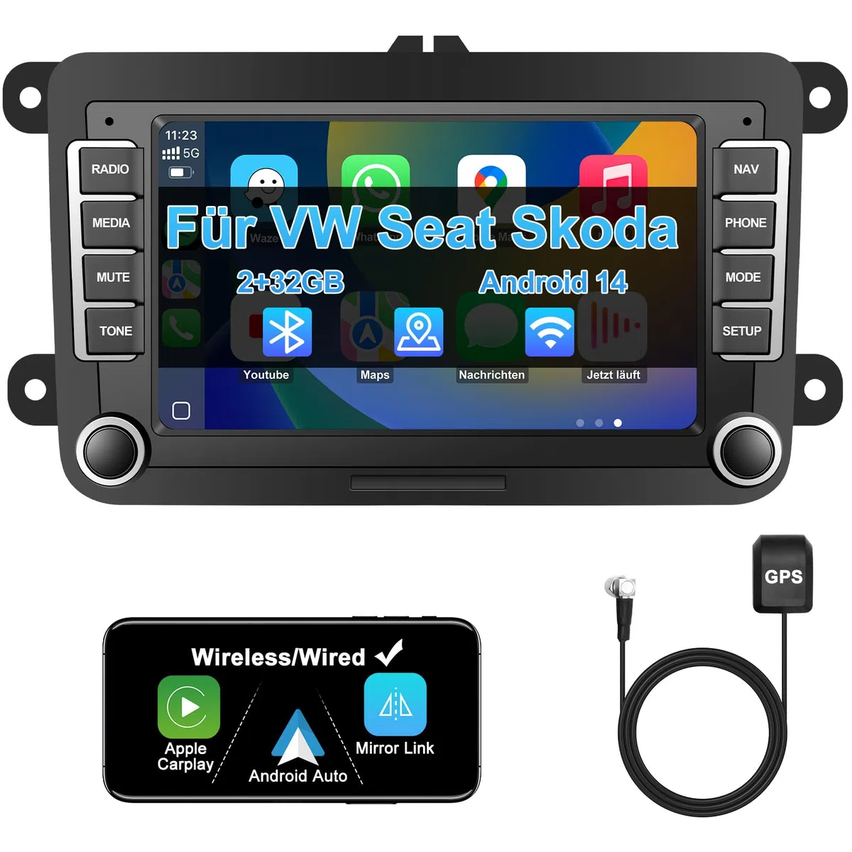 Autoradio mit Bildschirm Bluetooth für VW Polo Golf 5 6 T5 Passat Caddy Seat Skoda, 2Din Auto Radio 7 Zoll Touch Display Android 14,mit DAB Navi WLAN Carplay Android Auto Lenkrad Strg