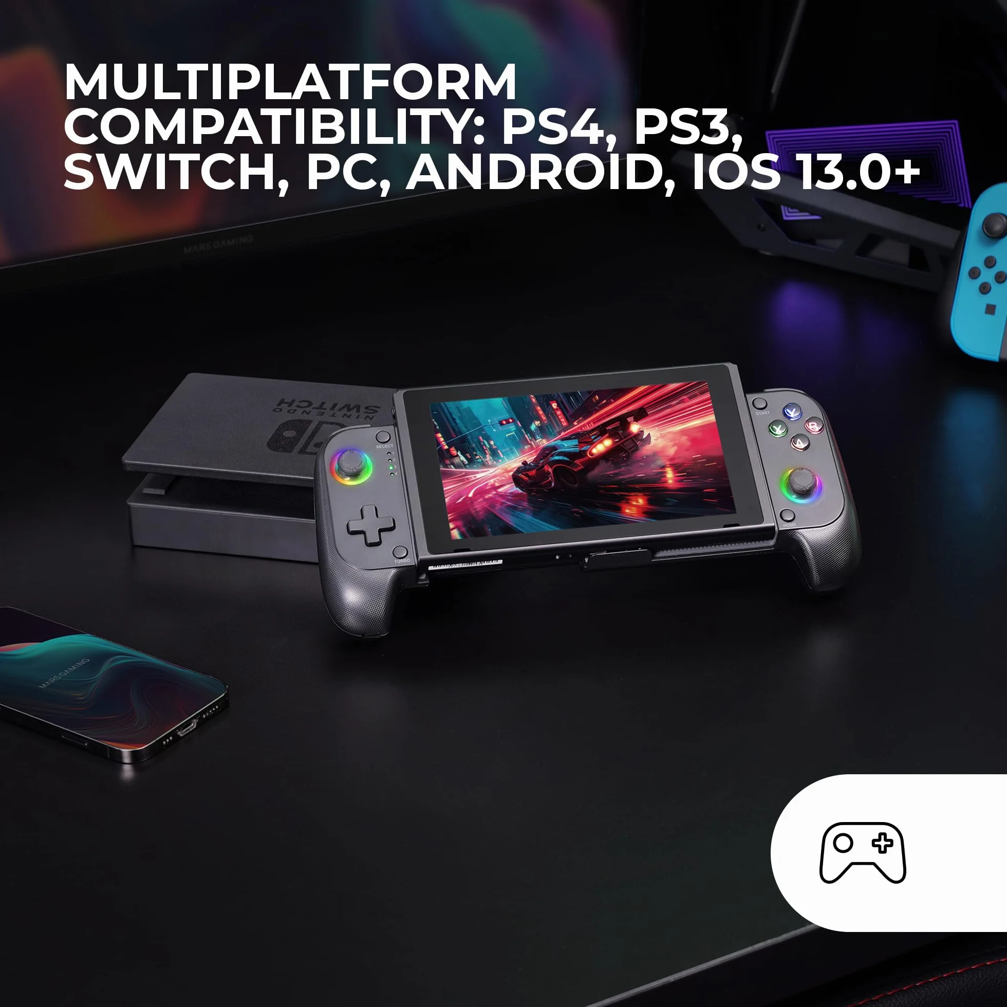 Mars Gaming MGPX, Bluetooth 5.0 Gamepad 2in1, RGB Neon, Dual Vibration und Turbo-Funktion, Smartphone-Halterung bis zu 6.8", Controller Kompatibilität PC, Android, iOS und Konsolen, USB-C, Schwarz