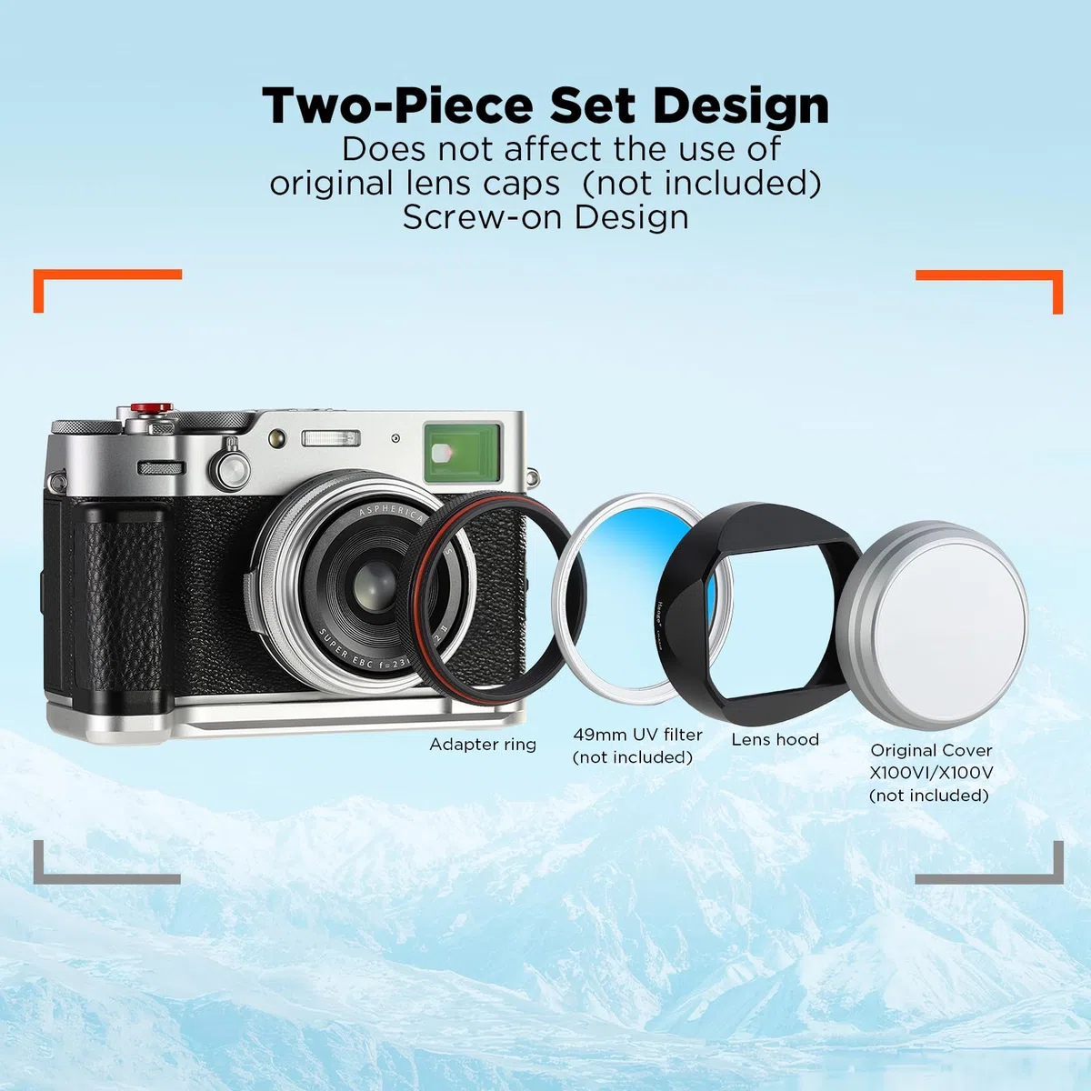 Haoge LH-X54B Metall Rechteckig Sonnenblende Gegenlichtblende mit 49mm Adapterring für Fujifilm X100VI Fuji FinePix X100V Kamera Objektiv Schwarz