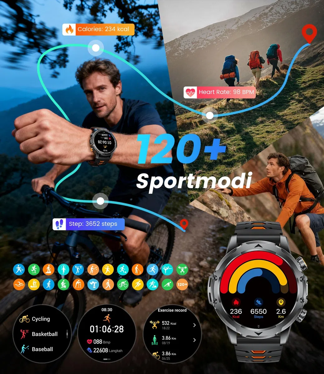 Smartwatch Herren mit 1000mAh Akku für Android iOS, 1,53" HD Großes Touchscreen Militär Smart Watch mit 24H Herzfrequenz/110 Sportmodi, IP68 Wasserdicht Taschenlampe Fitnessuhr, Schwarz-Orange