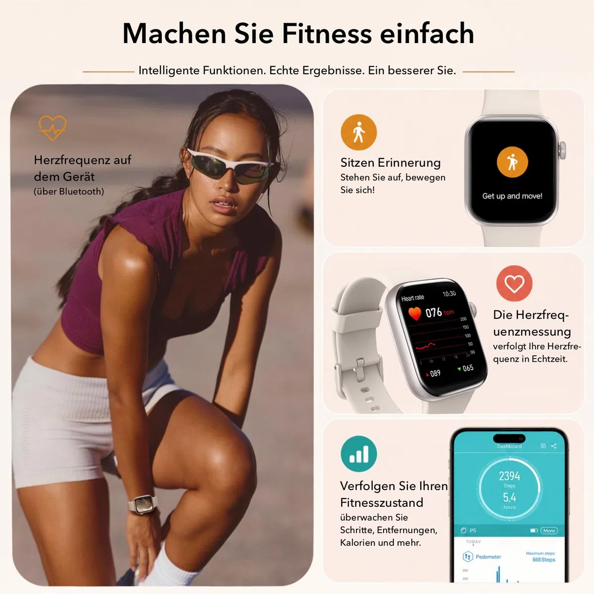 Smartwatch Damen Herren 1,85" HD Touch Fitnessuhr Telefonfunktion 140+ Sportmodi Pulsmesser Schlafmonitor Schrittzähler IP68 Wasserdicht Starlight
