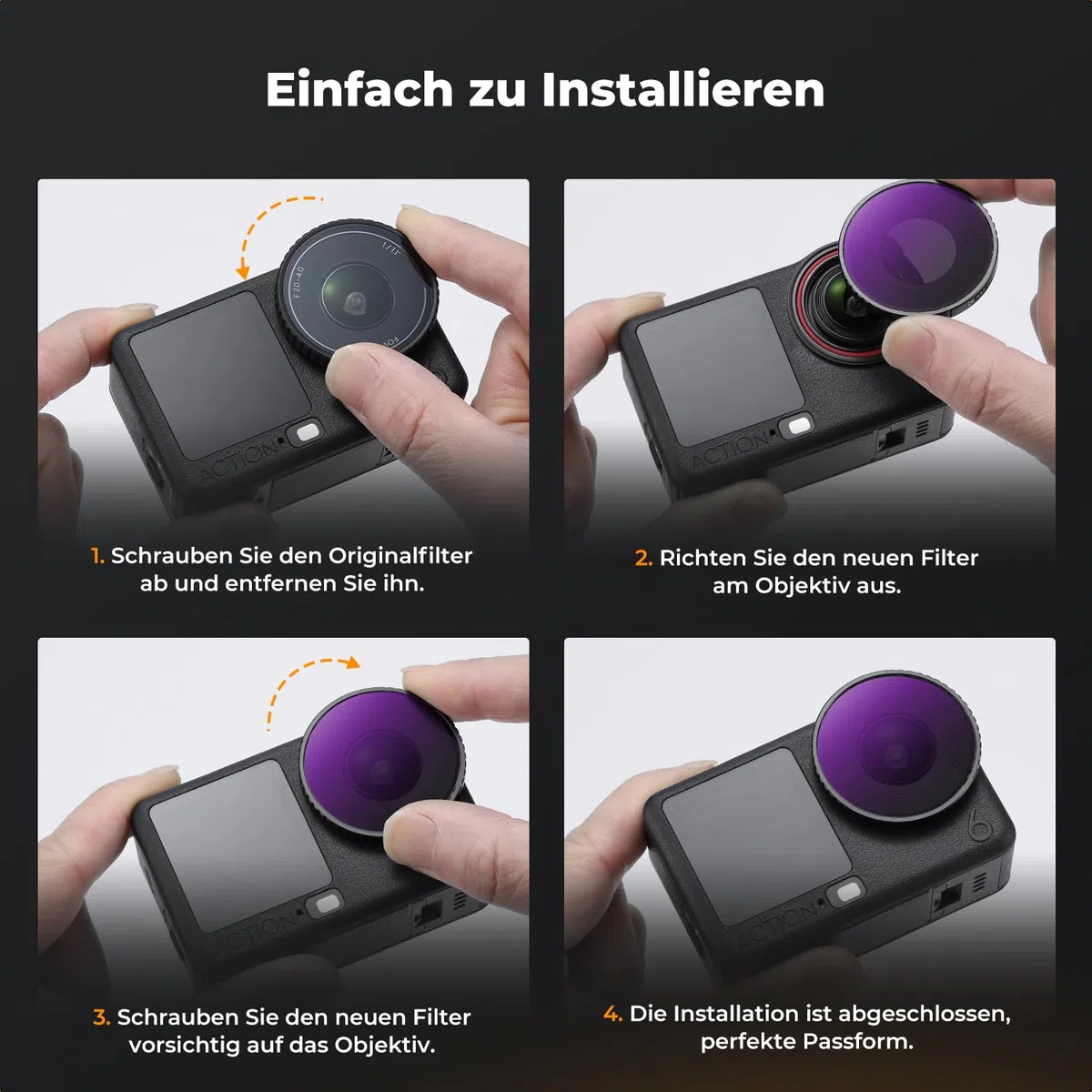 K&F CONCEPT ND Filter-Set Kompatibel mit DJI Osmo Action 6, Schraubenbefestigung Graufilter ND8 ND16 ND32 ND64 4er-Pack Lichtreduzierende Filter zur Belichtungssteuerung aus Optischem Glas