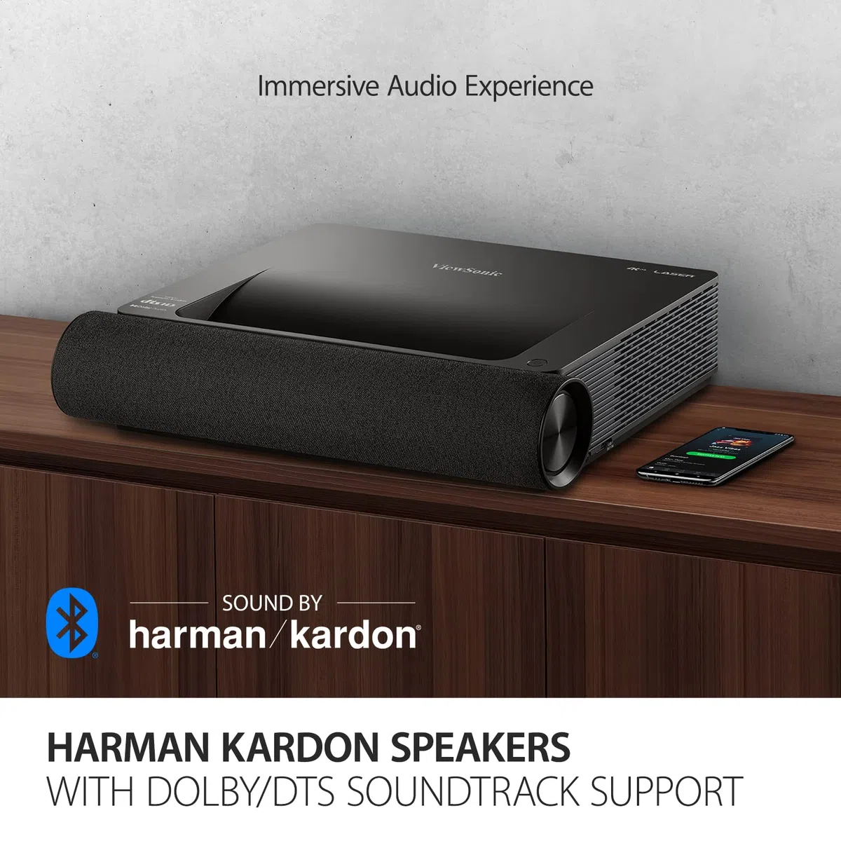 ViewSonic X2000B-4K Ultrakurzdistanz 4K UHD Laserbeamer, 2000 ANSI Lumen, 100” Bilddiagonale ab 23 cm, HDR10, 20000h Lebensdauer, Harman Kardon Sound, Dolby/DTS, WLAN, Bluetooth, HDMI ARC