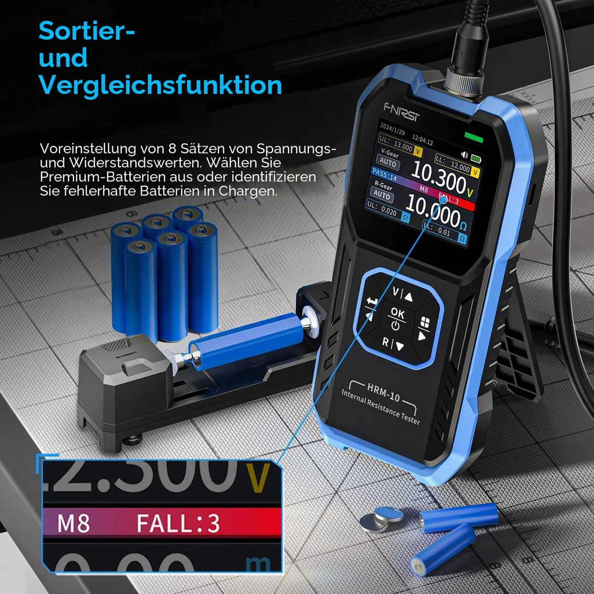 FNIRSI HRM-10 Batterietester für Innenwiderstand und Spannung, Milliohm-Messgerät 100V, 200 Ω, Autobatterietester, Prüfgerät für AAA, AA und alle Batterietypen, Haushaltsbatterie-Analysator