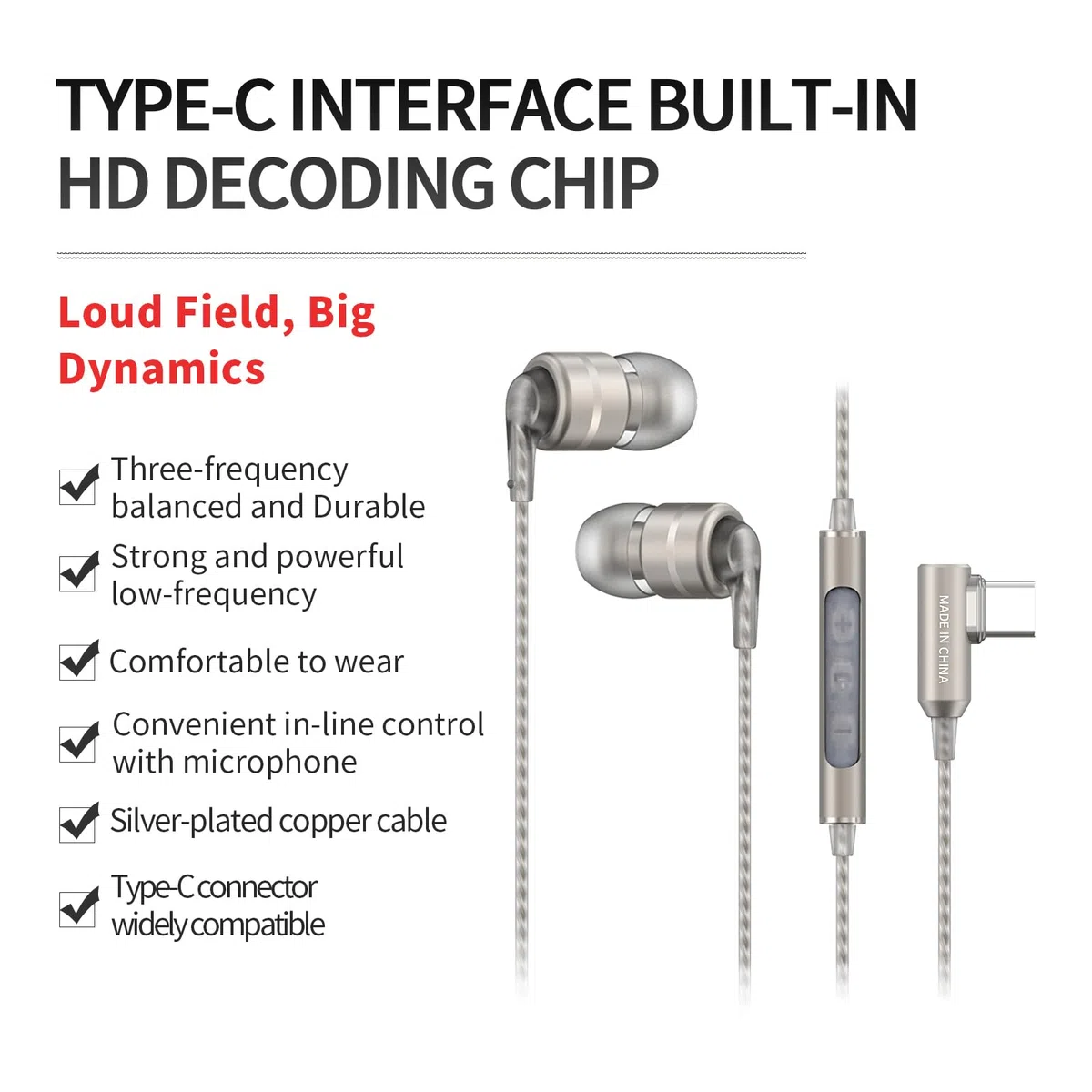 SoundMAGIC E80D Digital USB C Headphones - Type C Wired Earbuds with Microphone HiFi Stereo Earphones Powerful Bass Noise Isolating Compatible with Android Device, Gunmetal