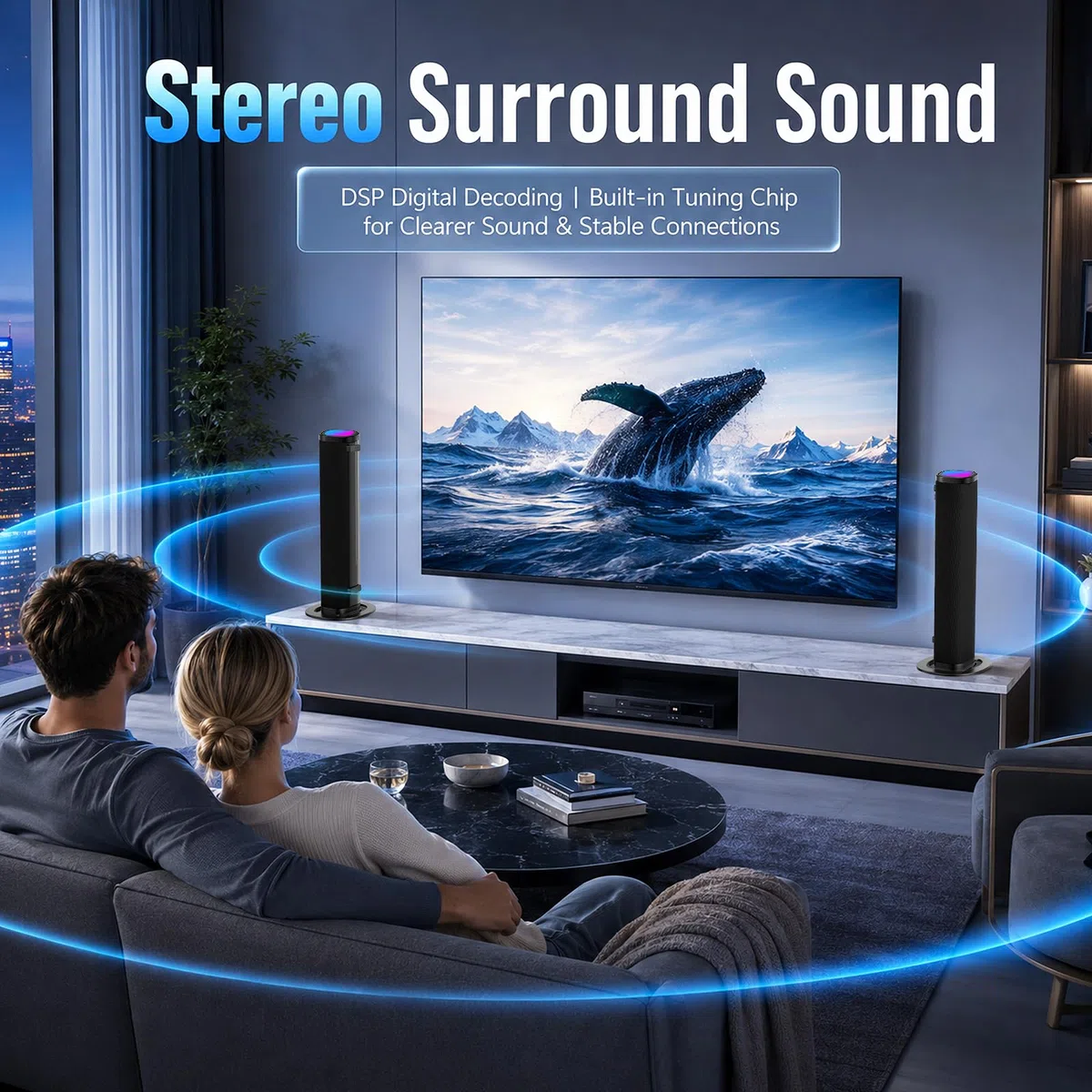 Teilbare 2-in-1 Soundbar (2.2 Kanäle, 240 W) mit RGB-Licht & Bluetooth 5.3, 3 EQ-Modi & regelbarem Bass, TV-Lautsprecher für Fernseher/Gaming/PC/Beamer – inkl. ARC, Optisch, Aux, USB