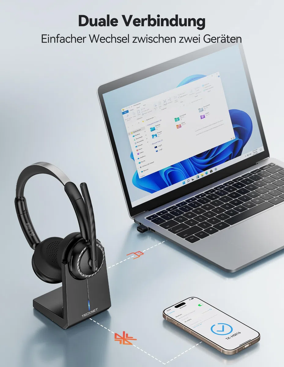 TECKNET V5.3 Bluetooth Headset mit Mikrofon, Wireless Headset mit AI Noise Cancelling Mikrofon, Ladestation, USB-Dongle, 55+ Std. Akku, Wiederaufladbar On-Ear Kopfhörer für Büro, Home, Callcenter