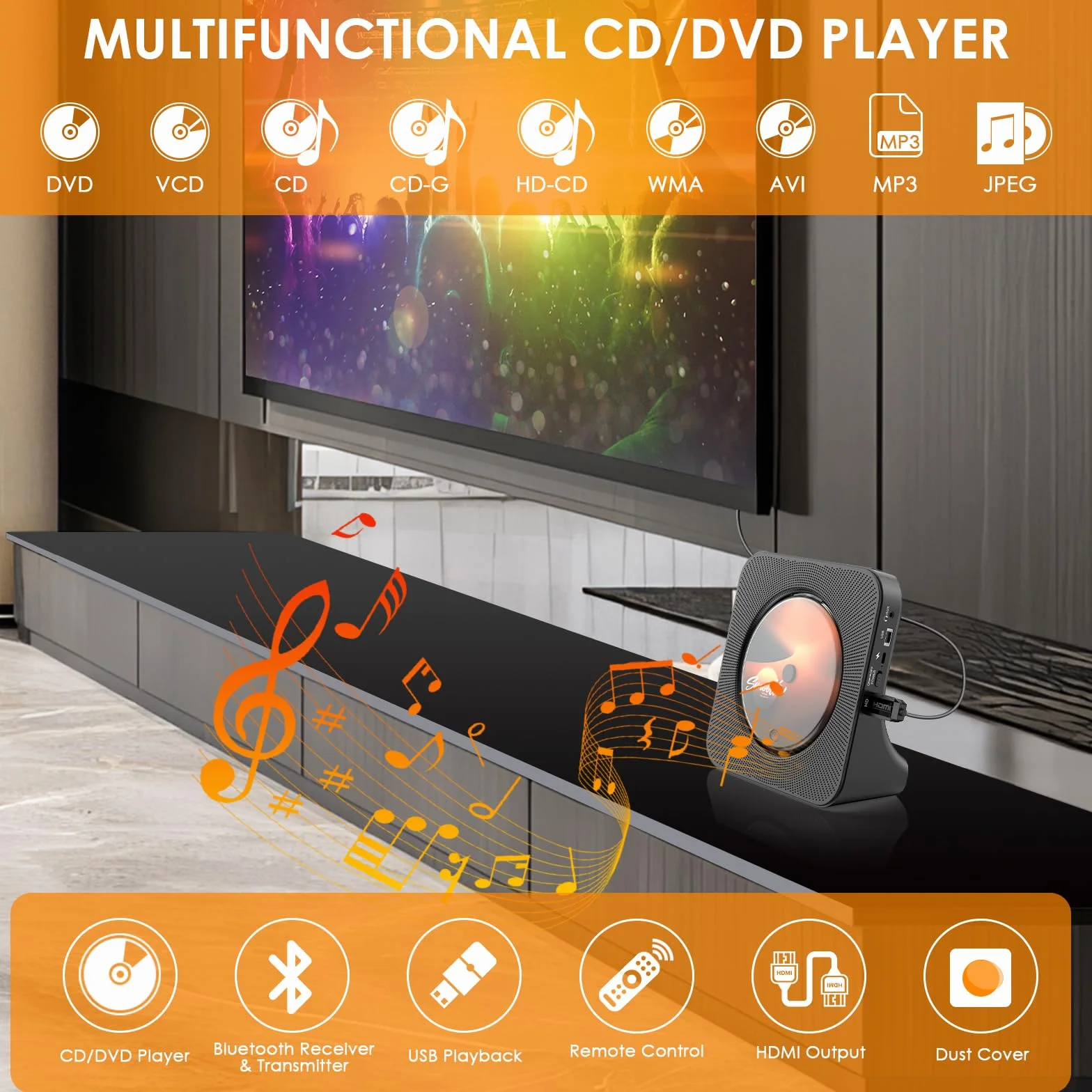DVD Player mit HDMI CD Player Bluetooth mit Lautsprecher Fernbedienung Staubschutzhülle Bildschirm FM-Radio Timer USB-Wiedergabe AUX-Wiedergabe Kopfhöreranschluss Schwarz
